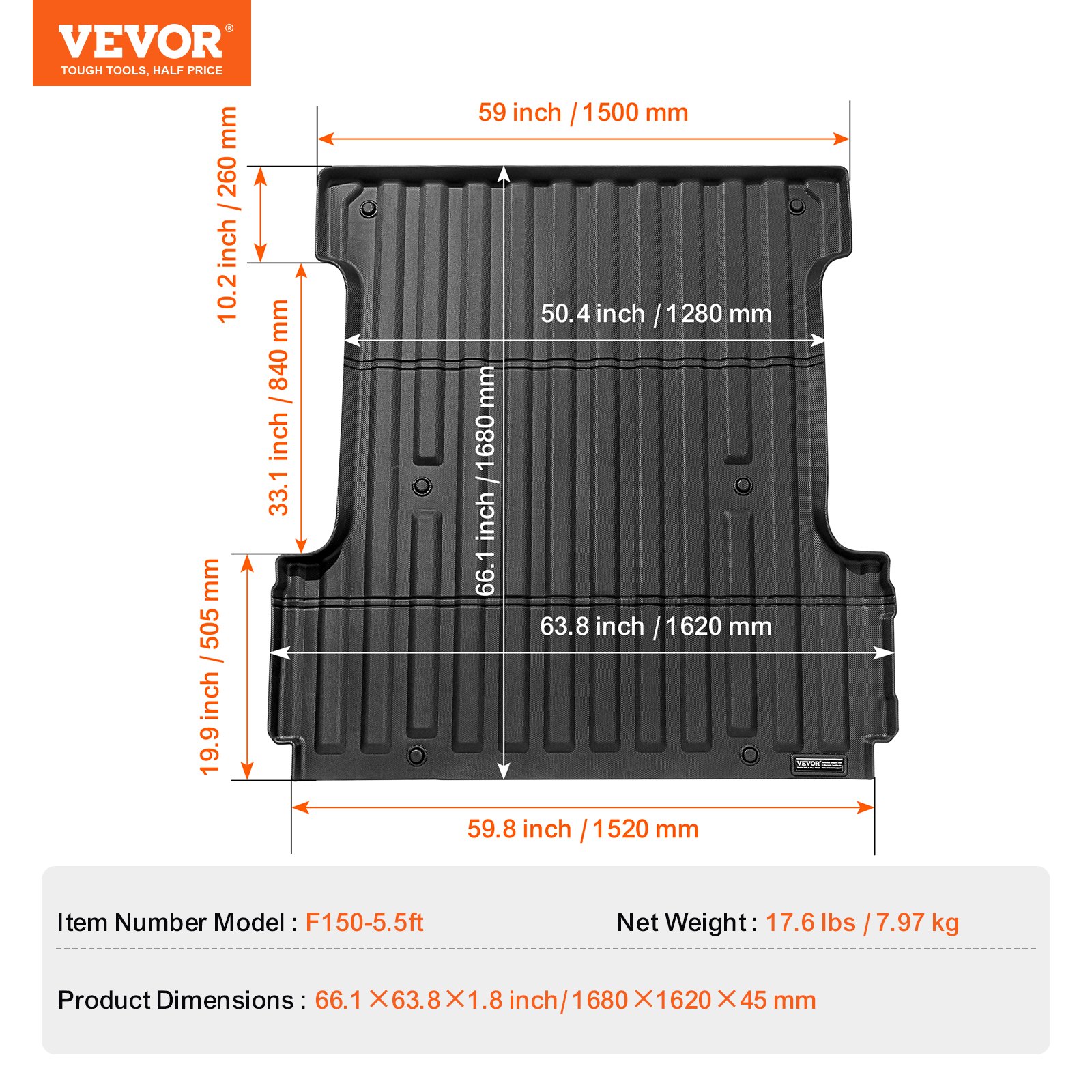 VEVOR Truck Bed Mat, Compatible with 2015-2024 Ford F-150, TPE Truck Bed Liner Mat Fits for 5.5 FT Bed, Thick and Heavy-Duty Bed Mat Car Accessories for All-Weather Protection, Prevent Slipping