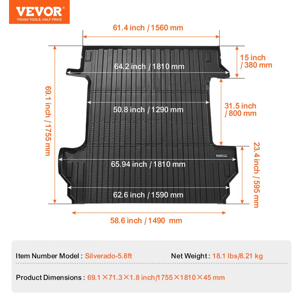 VEVOR Truck Bed Mat, Compatible with 2019-2024 Chevrolet Silverado/GMC Sierra 1500, TPE Truck Bed Liner Mat Fits for 5.8FT Bed, Thick and Heavy-Duty Bed Mat Car Accessories for All-Weather Protection