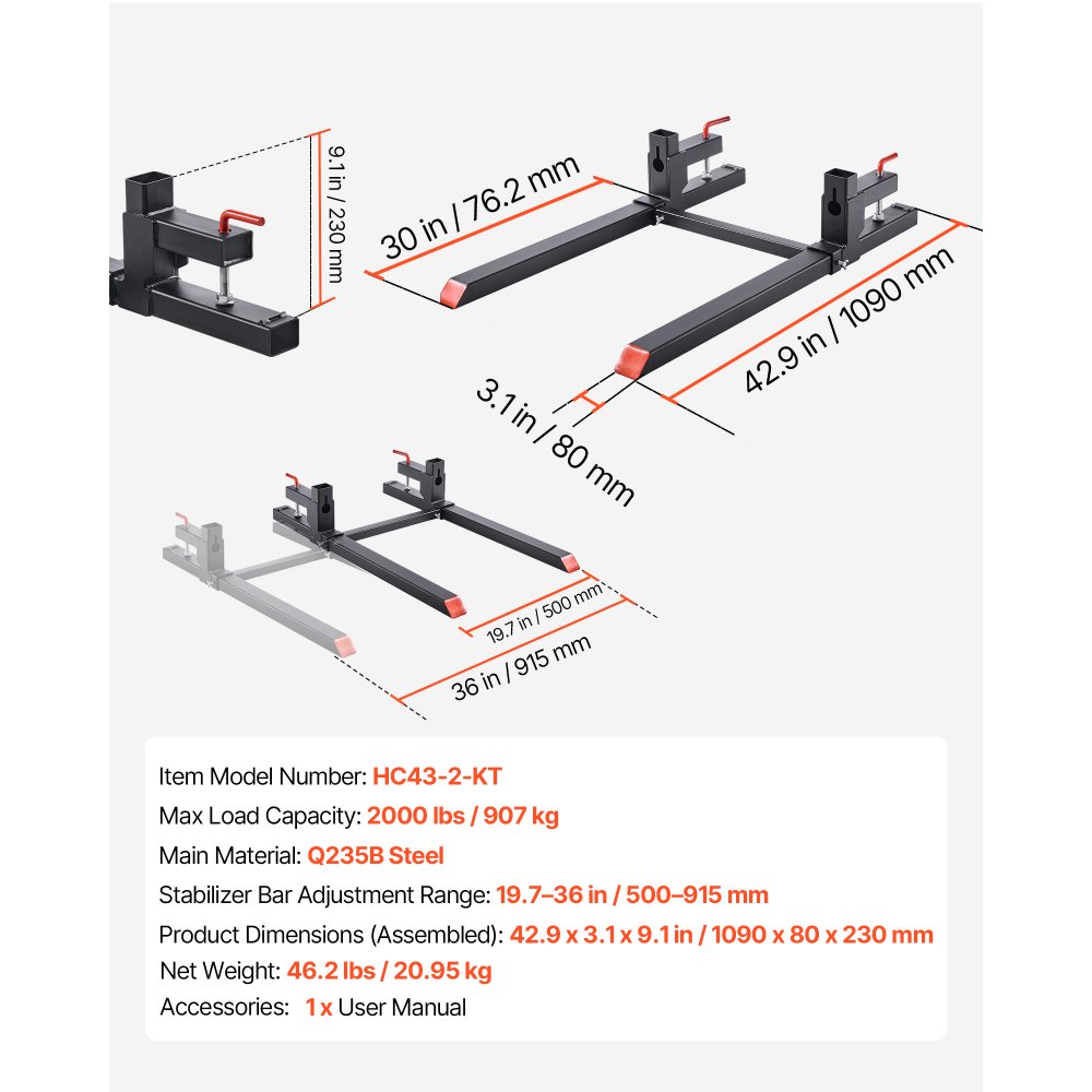 VEVOR Pallet Forks, 2000 lbs Clamp on Pallet Forks, 43-Inch Total Length Heavy-Duty Tractor Fork with Adjustable Stabilizer Bar for Tractor Attachments, Loader Bucket, and Skid Steer, Black