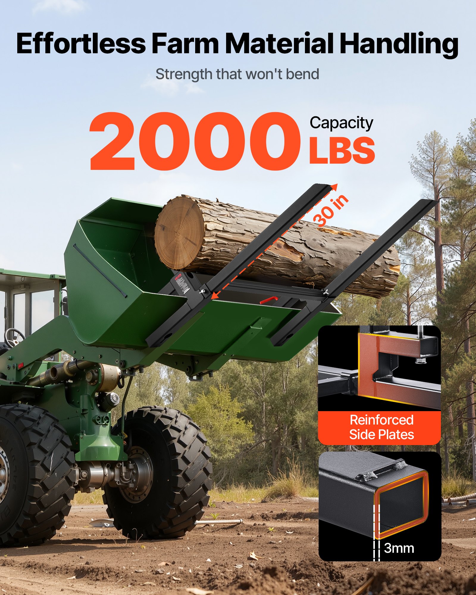 VEVOR Pallet Forks, 2000 lbs Clamp on Pallet Forks, 43-Inch Total Length Heavy-Duty Tractor Fork with Adjustable Stabilizer Bar for Tractor Attachments, Loader Bucket, and Skid Steer, Black