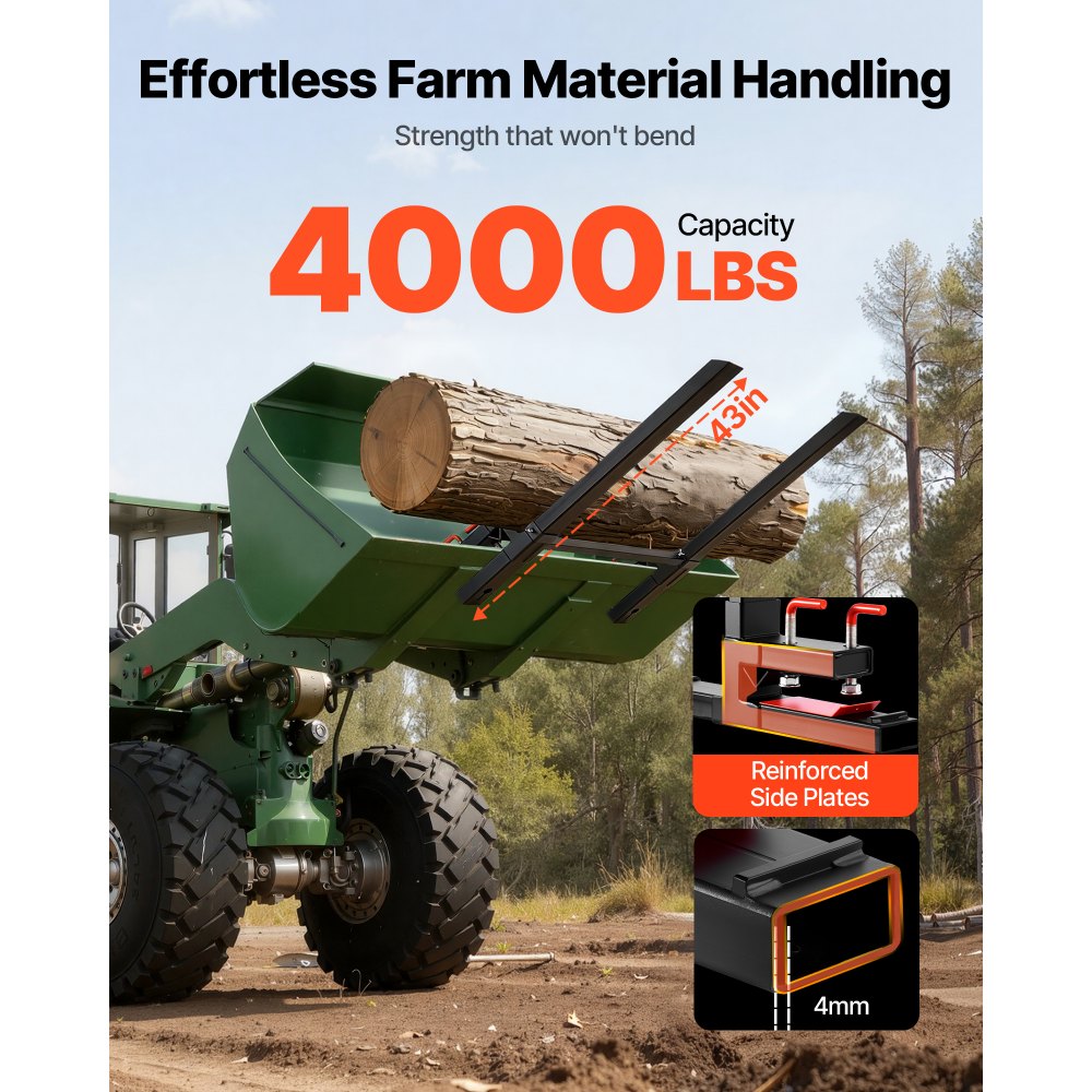 VEVOR Pallet Forks, 1814 kg Clamp on Pallet Forks, 149 cm Total Length Heavy-Duty Tractor Fork with Anti-Tilt Bar & Adjustable Stabilizer Bar, Fit for Loader Bucket Skid Steer Tractor, Black