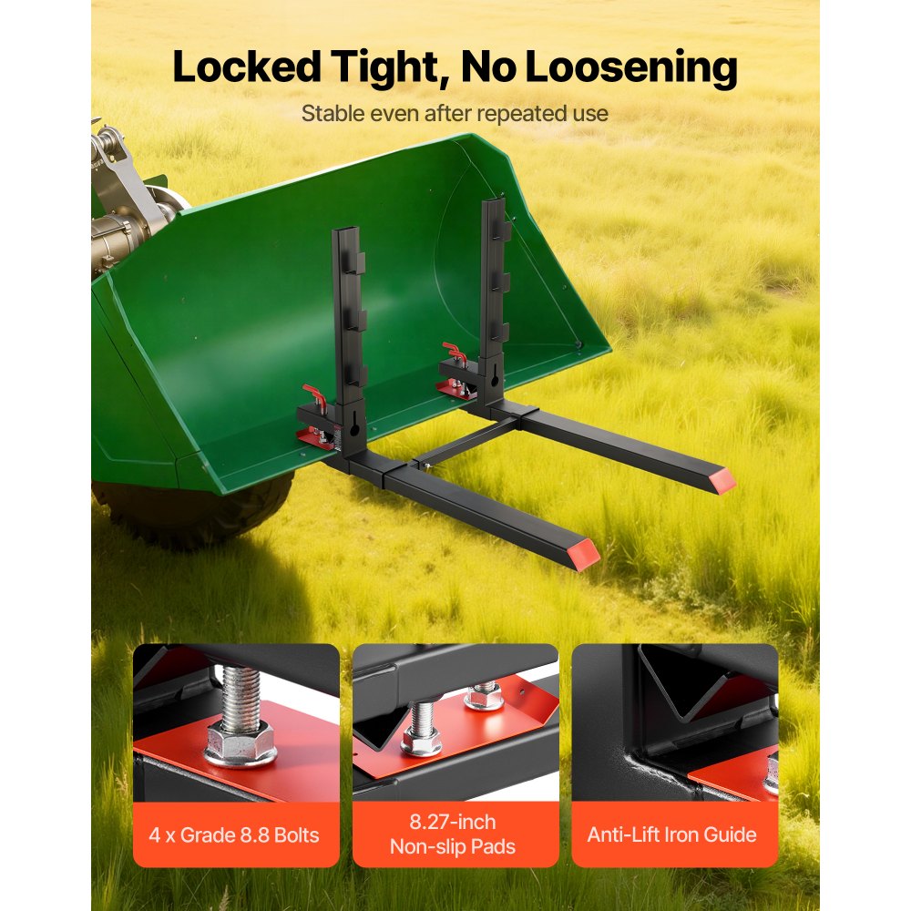 VEVOR Pallet Forks, 1814 kg Clamp on Pallet Forks, 149 cm Total Length Heavy-Duty Tractor Fork with Anti-Tilt Bar & Adjustable Stabilizer Bar, Fit for Loader Bucket Skid Steer Tractor, Black