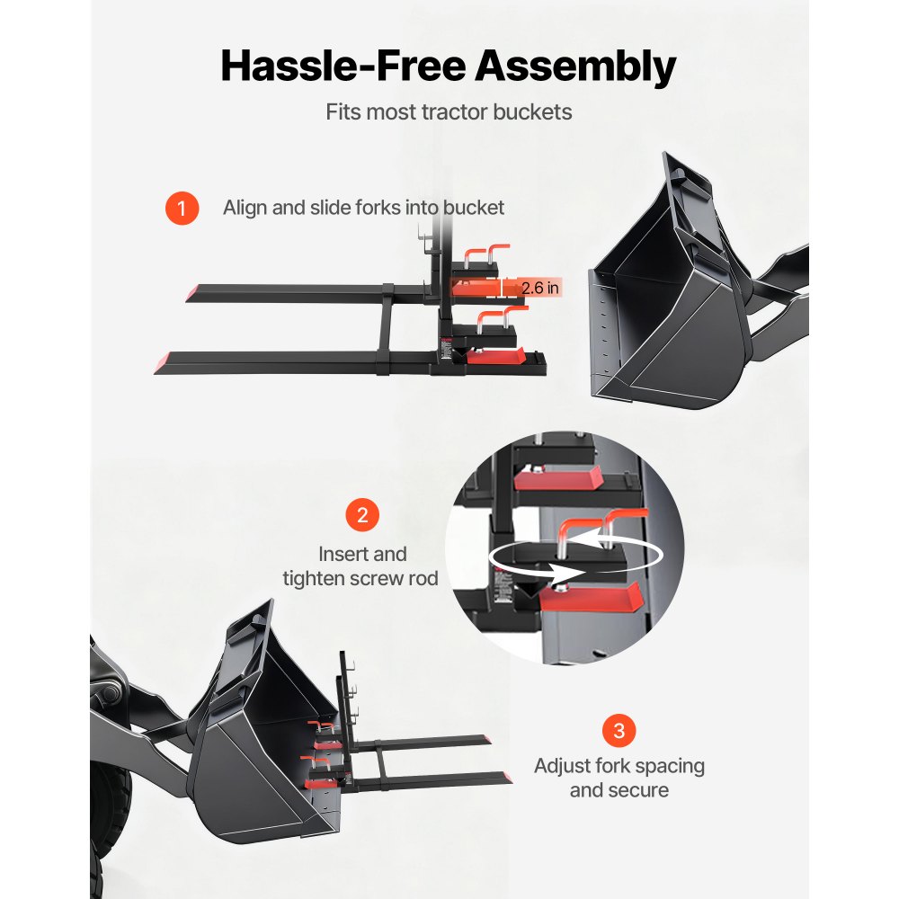 VEVOR Pallet Forks, 1814 kg Clamp on Pallet Forks, 149 cm Total Length Heavy-Duty Tractor Fork with Anti-Tilt Bar & Adjustable Stabilizer Bar, Fit for Loader Bucket Skid Steer Tractor, Black