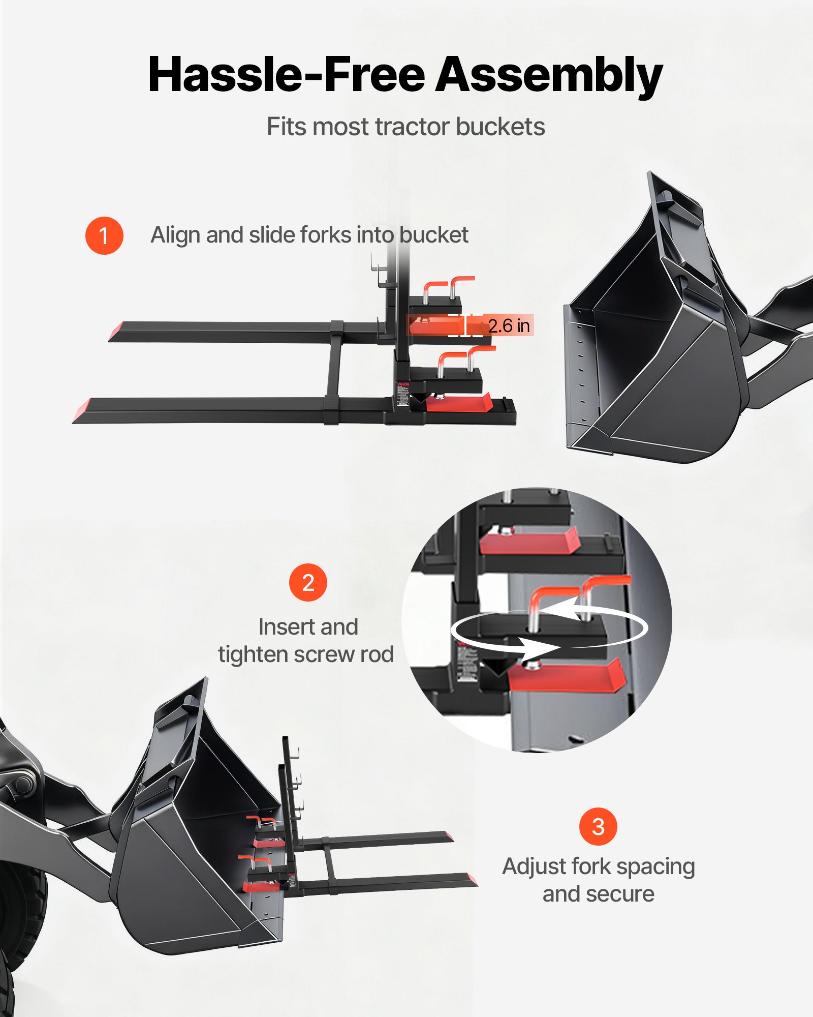 VEVOR Pallet Forks, 1814 kg Clamp on Pallet Forks, 149 cm Total Length Heavy-Duty Tractor Fork with Anti-Tilt Bar & Adjustable Stabilizer Bar, Fit for Loader Bucket Skid Steer Tractor, Black