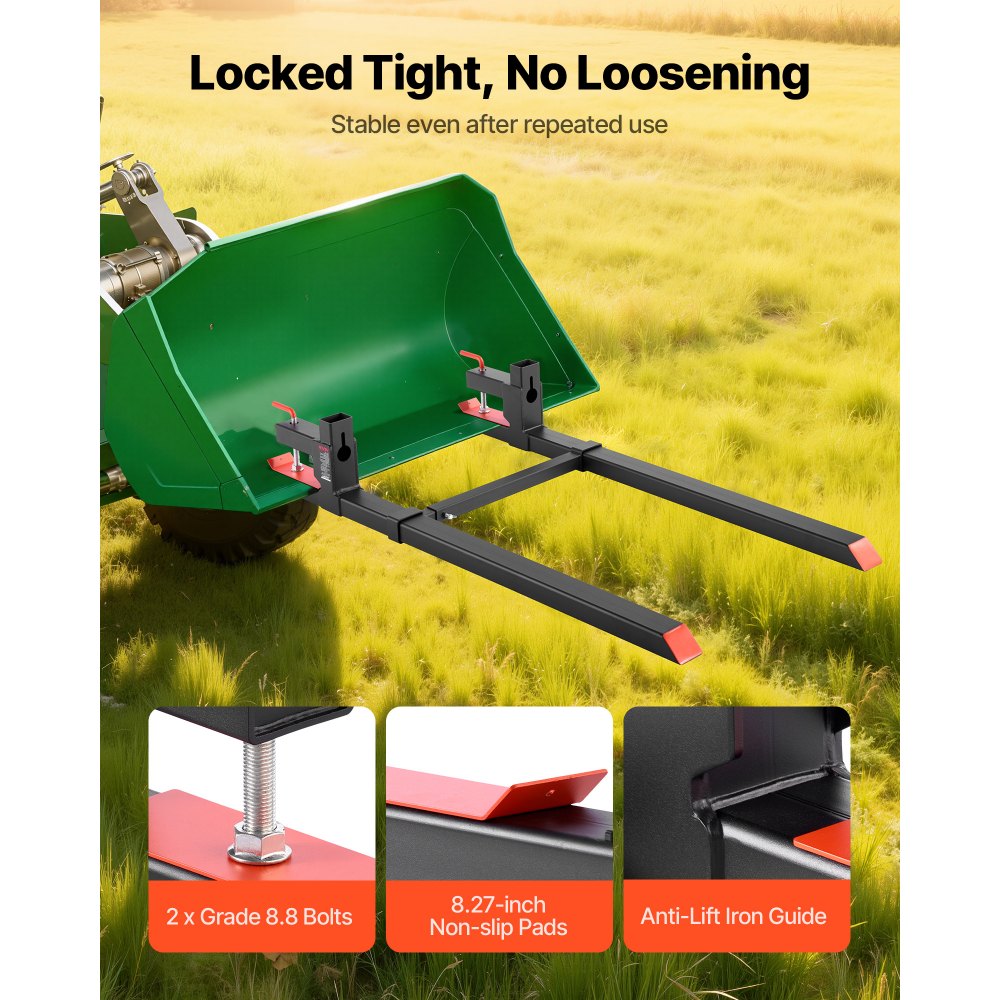 VEVOR Pallet Forks, 907 kg Clamp on Pallet Forks, 149 cm Total Length Heavy-Duty Tractor Fork with Adjustable Stabilizer Bar for Tractor Attachments, Loader Bucket, and Skid Steer, Black