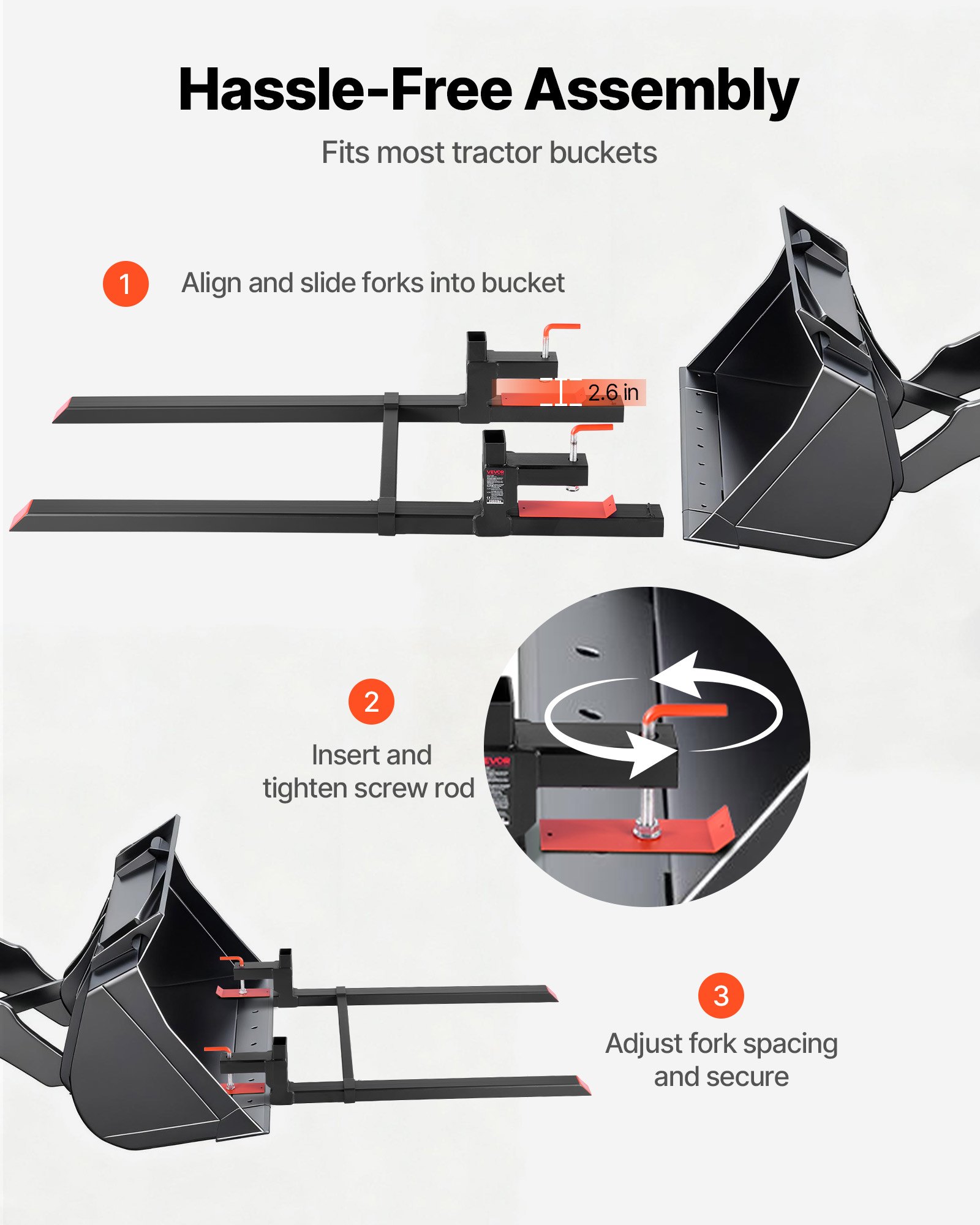 VEVOR Pallet Forks, 907 kg Clamp on Pallet Forks, 149 cm Total Length Heavy-Duty Tractor Fork with Adjustable Stabilizer Bar for Tractor Attachments, Loader Bucket, and Skid Steer, Black