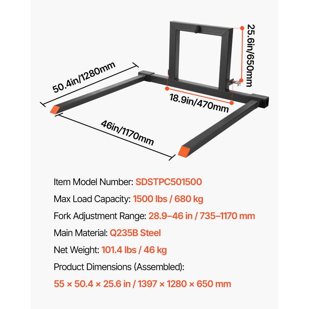 VEVOR 3 Point Hitch Pallet Forks, 680 kg Clamp on Pallet Forks, 128 cm Total Length Heavy-Duty Tractor Fork with 73.5-117 cm Adjustable Fork Width, Quick Hitch Attachments for Category 1 Tractors