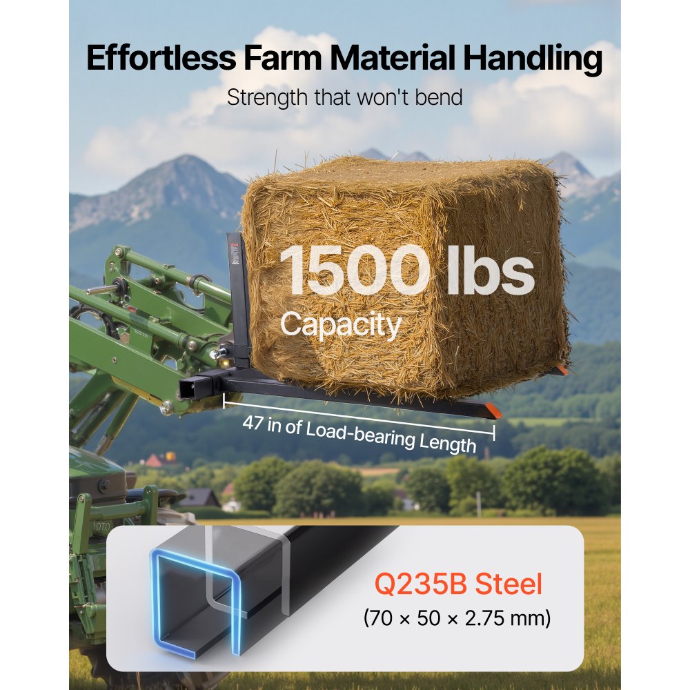 VEVOR 3 Point Hitch Pallet Forks, 680 kg Clamp on Pallet Forks, 128 cm Total Length Heavy-Duty Tractor Fork with 73.5-117 cm Adjustable Fork Width, Quick Hitch Attachments for Category 1 Tractors