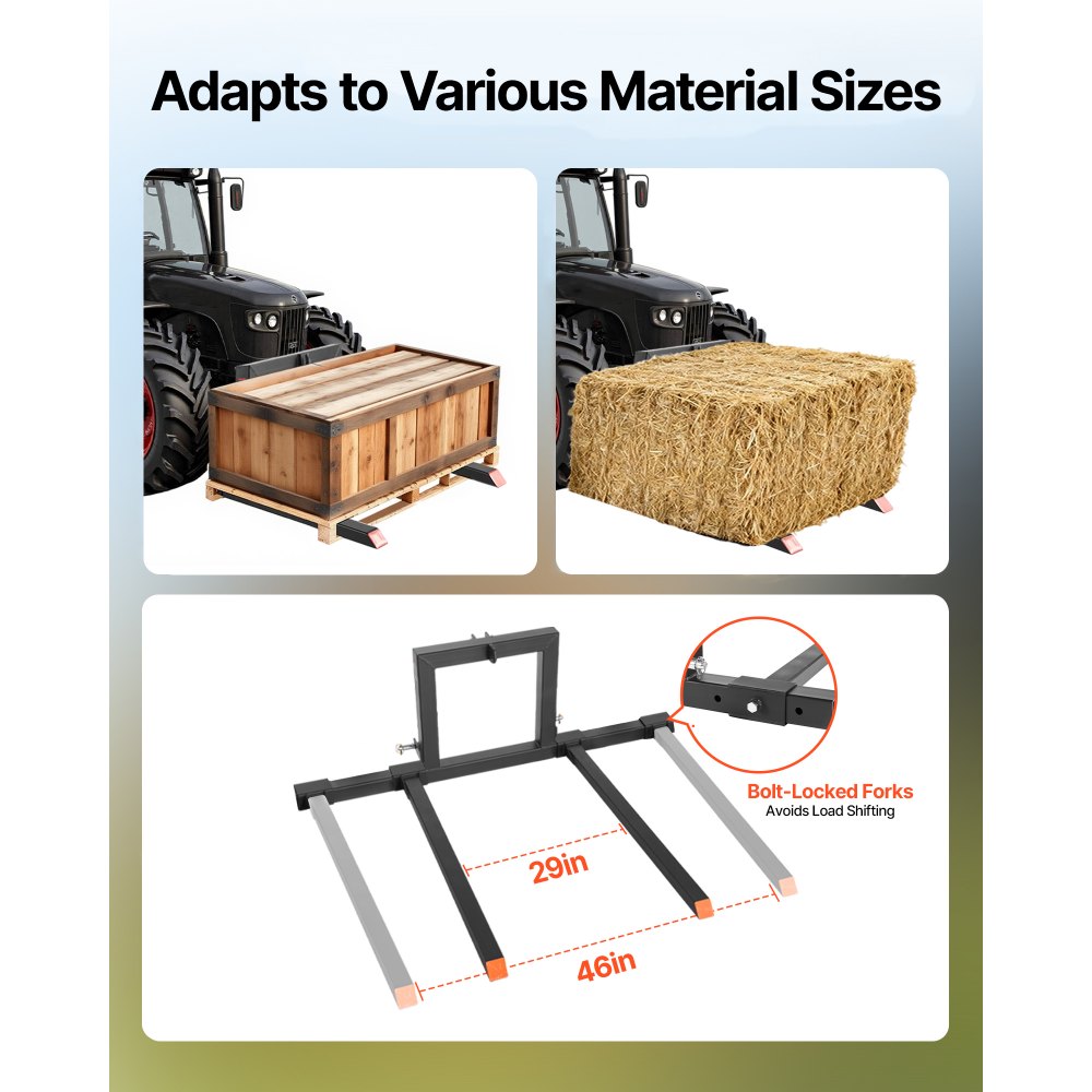 VEVOR 3 Point Hitch Pallet Forks, 680 kg Clamp on Pallet Forks, 128 cm Total Length Heavy-Duty Tractor Fork with 73.5-117 cm Adjustable Fork Width, Quick Hitch Attachments for Category 1 Tractors