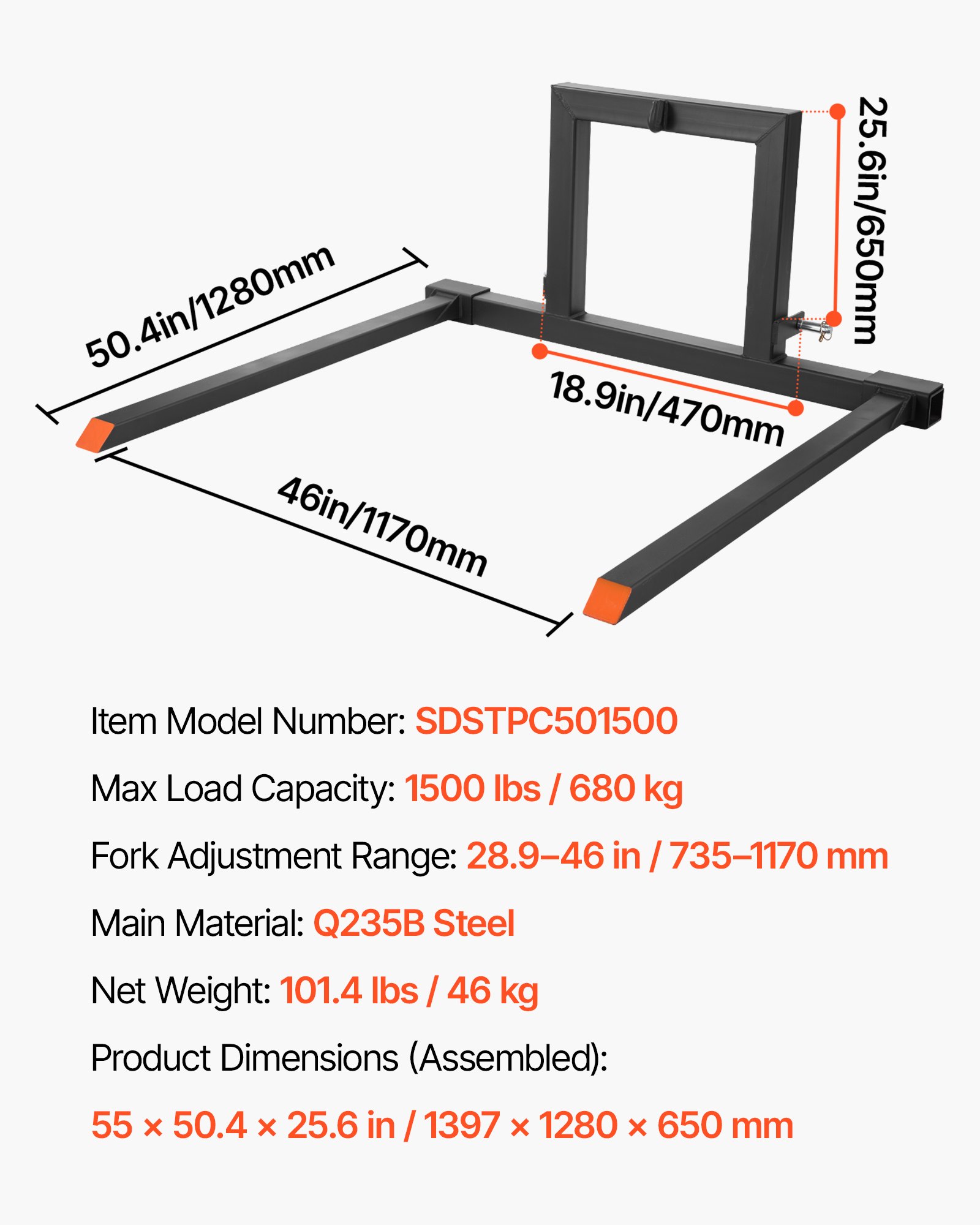 VEVOR 3 Point Hitch Pallet Forks, 680 kg Clamp on Pallet Forks, 128 cm Total Length Heavy-Duty Tractor Fork with 73.5-117 cm Adjustable Fork Width, Quick Hitch Attachments for Category 1 Tractors