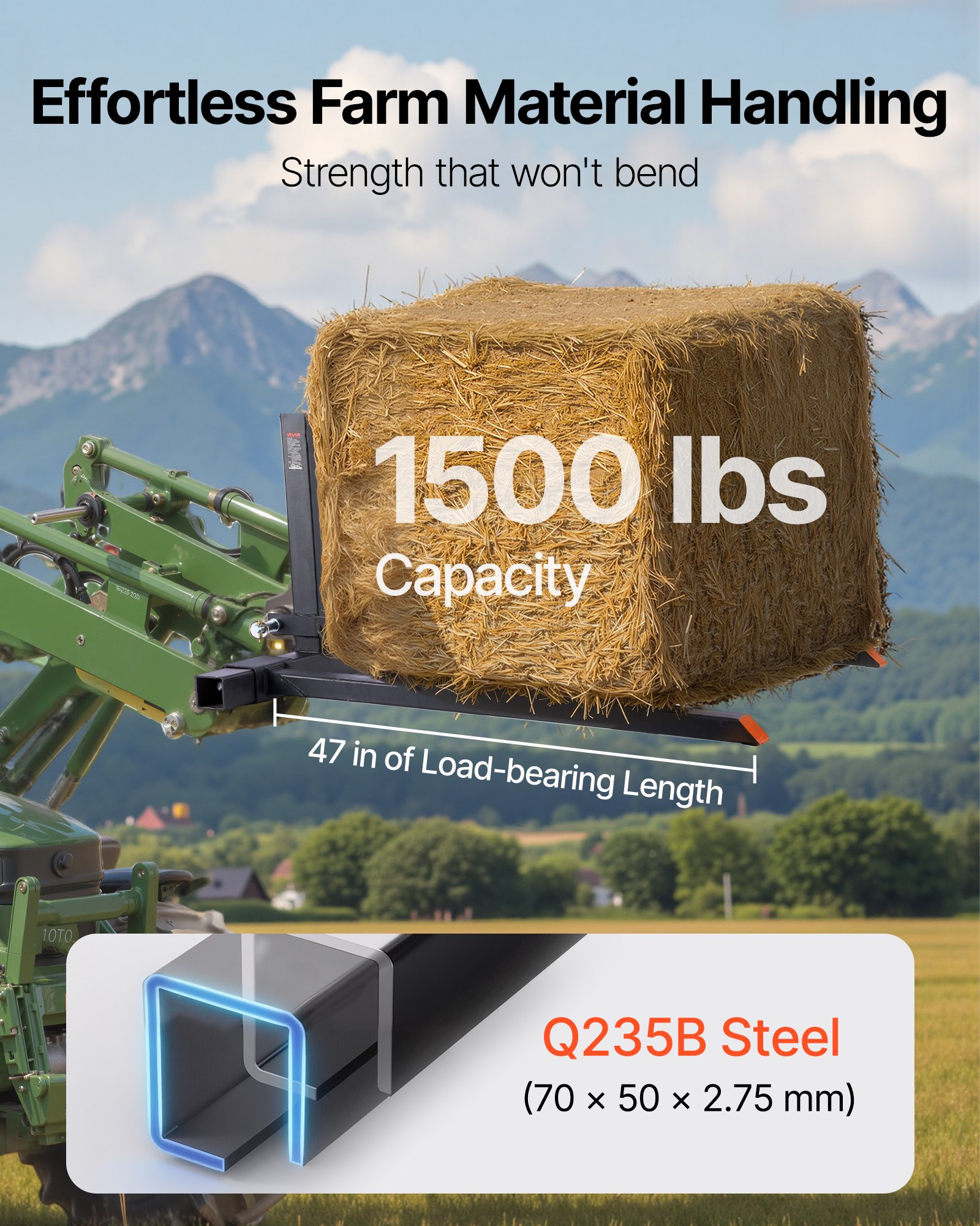 VEVOR 3 Point Hitch Pallet Forks, 680 kg Clamp on Pallet Forks, 128 cm Total Length Heavy-Duty Tractor Fork with 73.5-117 cm Adjustable Fork Width, Quick Hitch Attachments for Category 1 Tractors