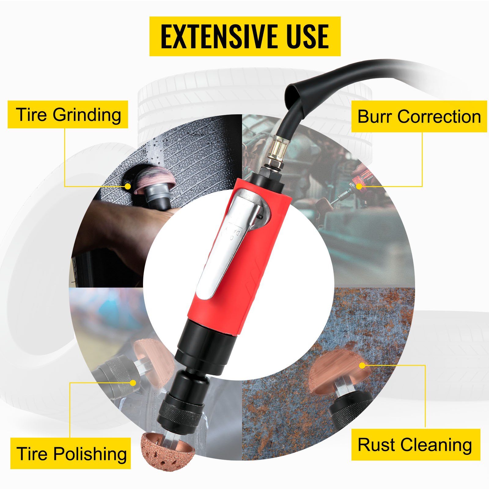 VEVOR Air Tire Buffer, 2500rpm Low Speed Tire Buffer, 35 mm Pneumatic Buffing Tool, Variable Speed Tire Grinder With Whip Hose, Tire Repair Buffing Wheel For Inner Liner Cleaning, Reaming And Drilling