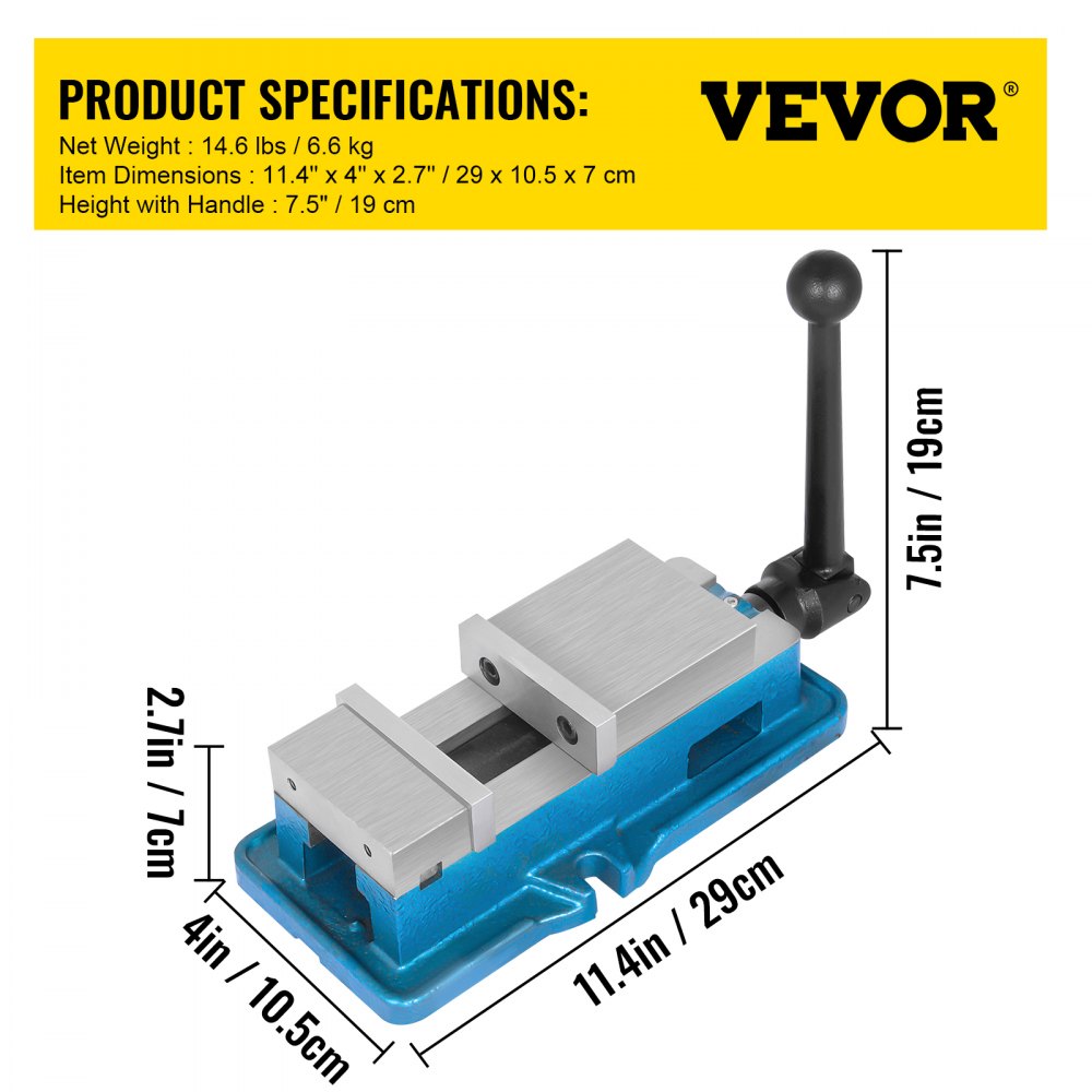 VEVOR milling vise specifications with dimensions and weight details highlighted.