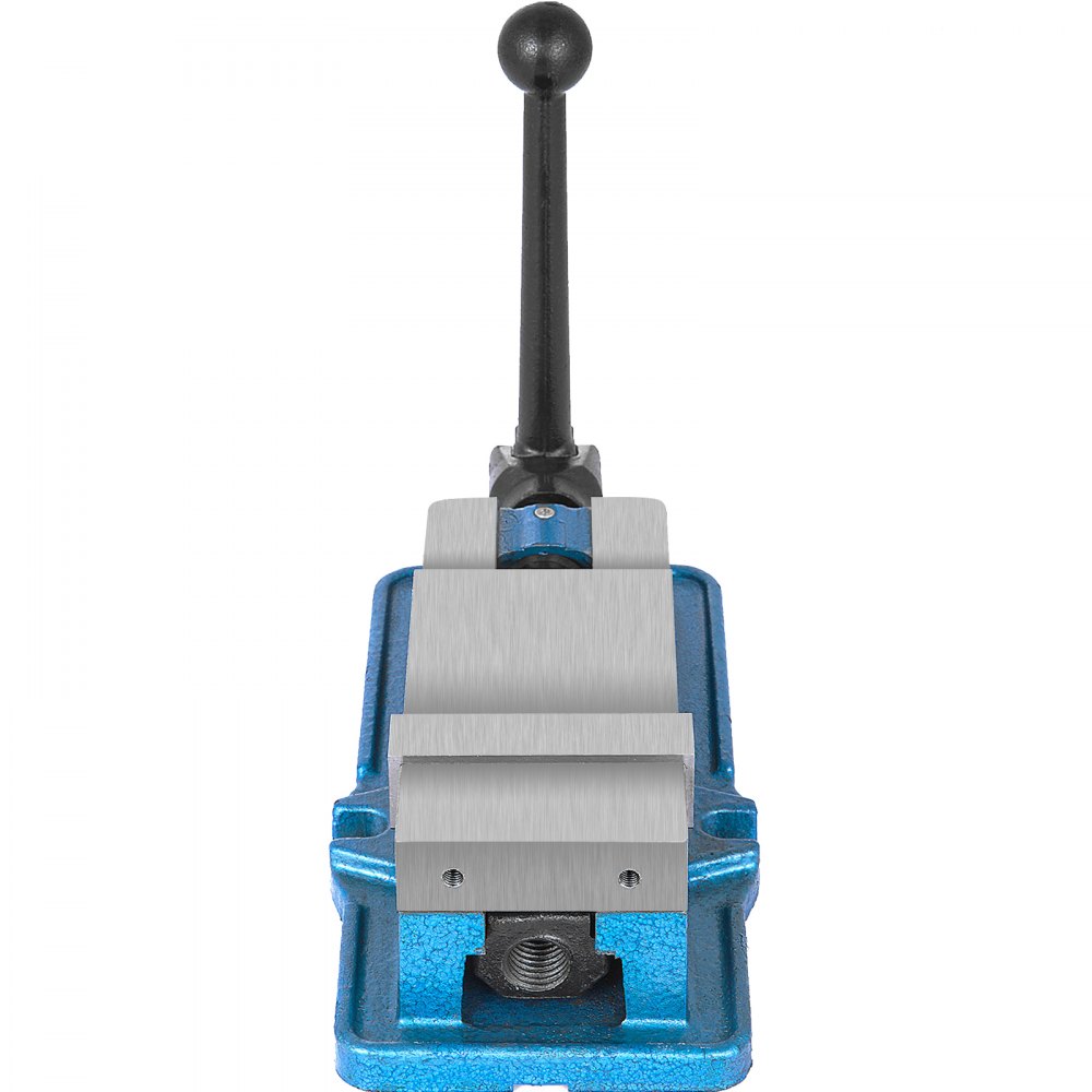 blue VEVOR milling vise with a black handle, seen from the front.