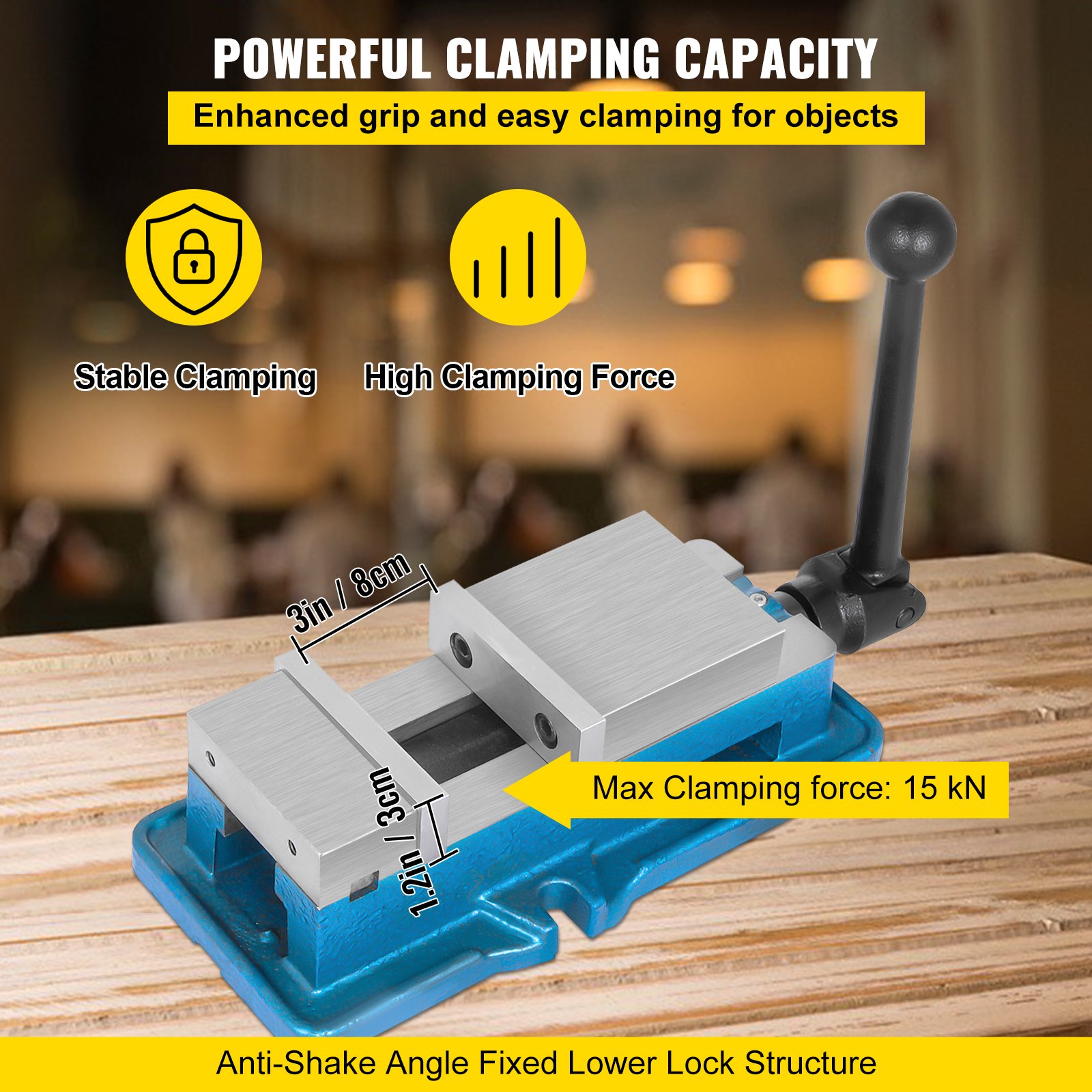 VEVOR milling vise with enhanced grip, stable clamping, and max force of 15 kn.