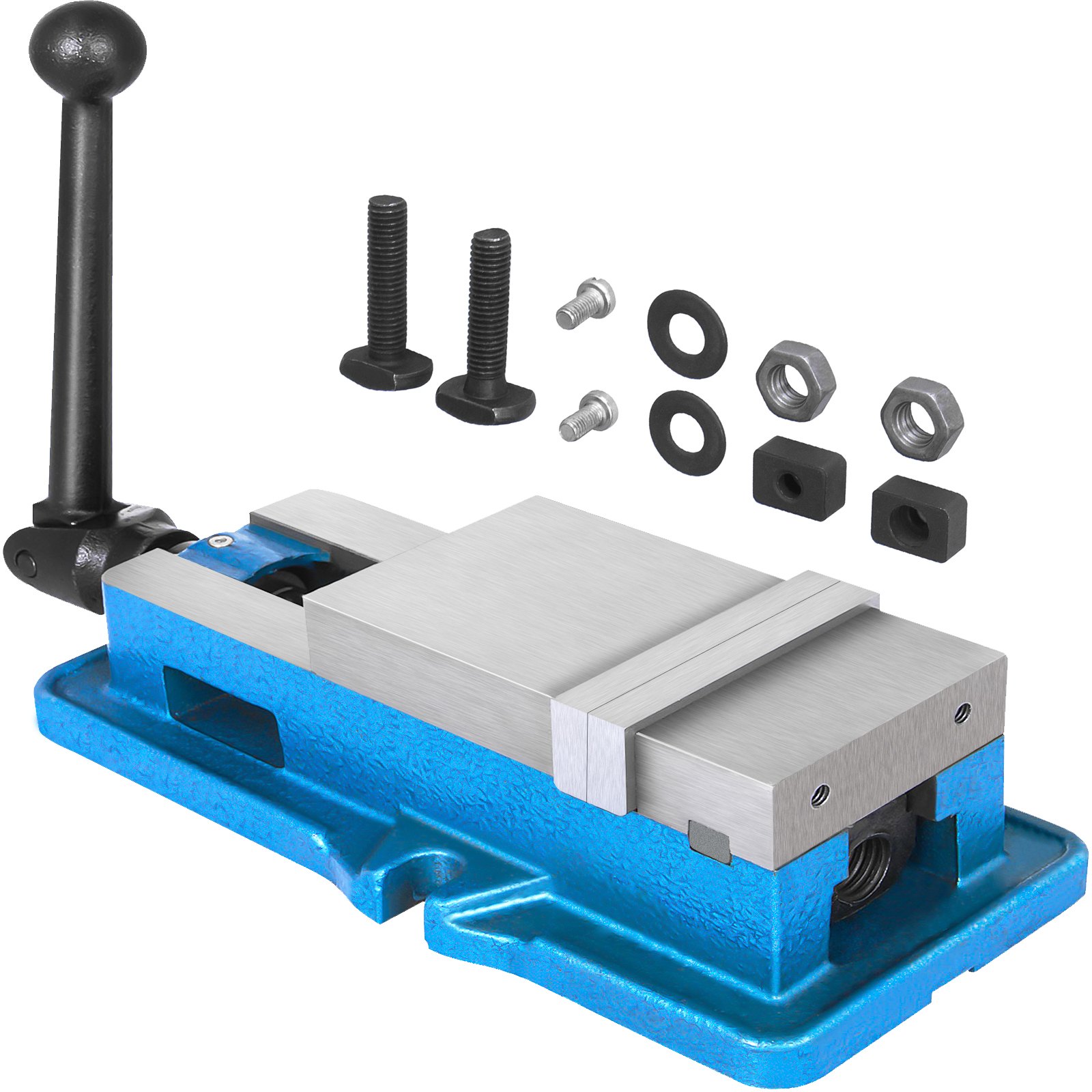 blue VEVOR milling vise with bolts and components on a white background.