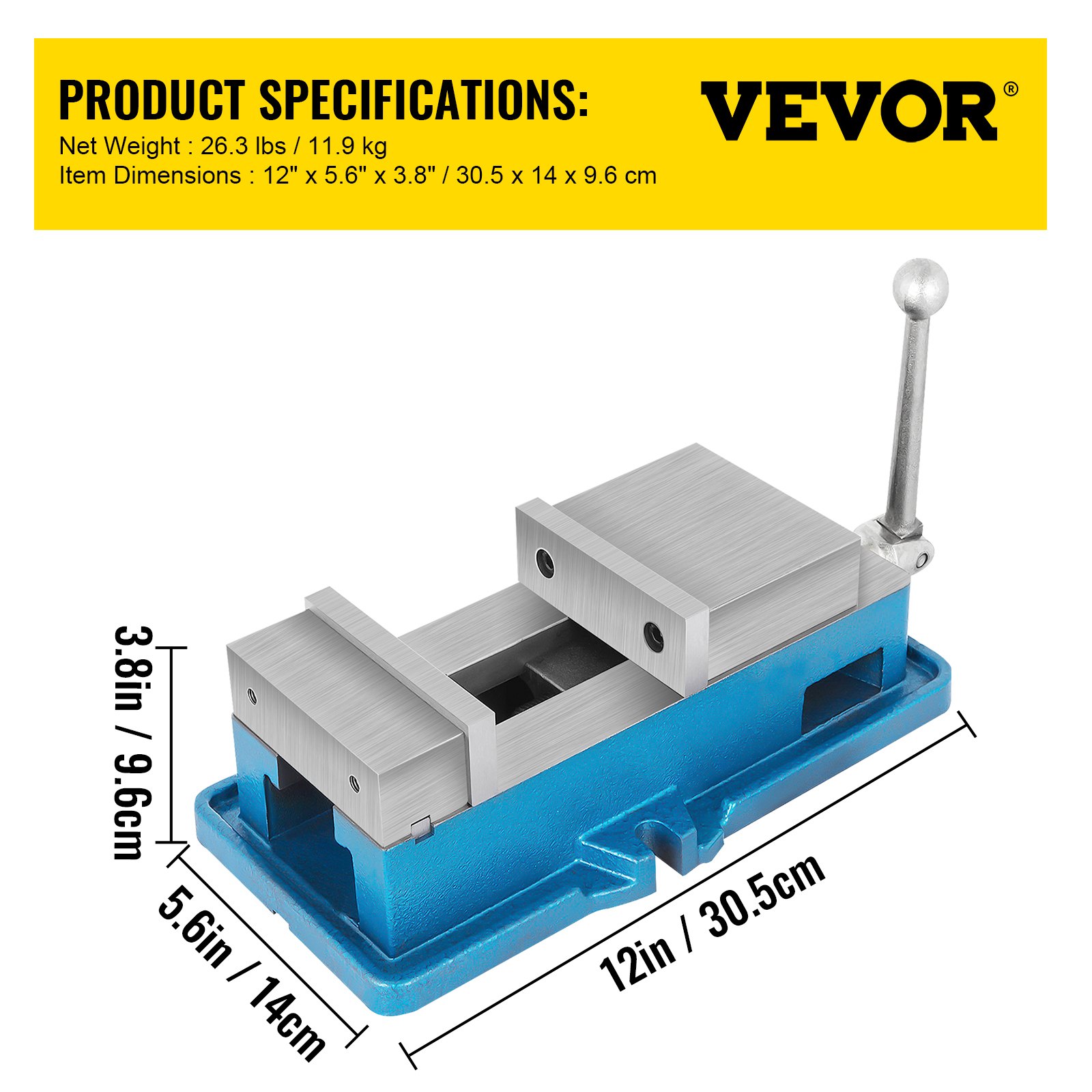 VEVOR milling vise on blue base with dimensions shown: 12in x 5.6in x 3.8in.