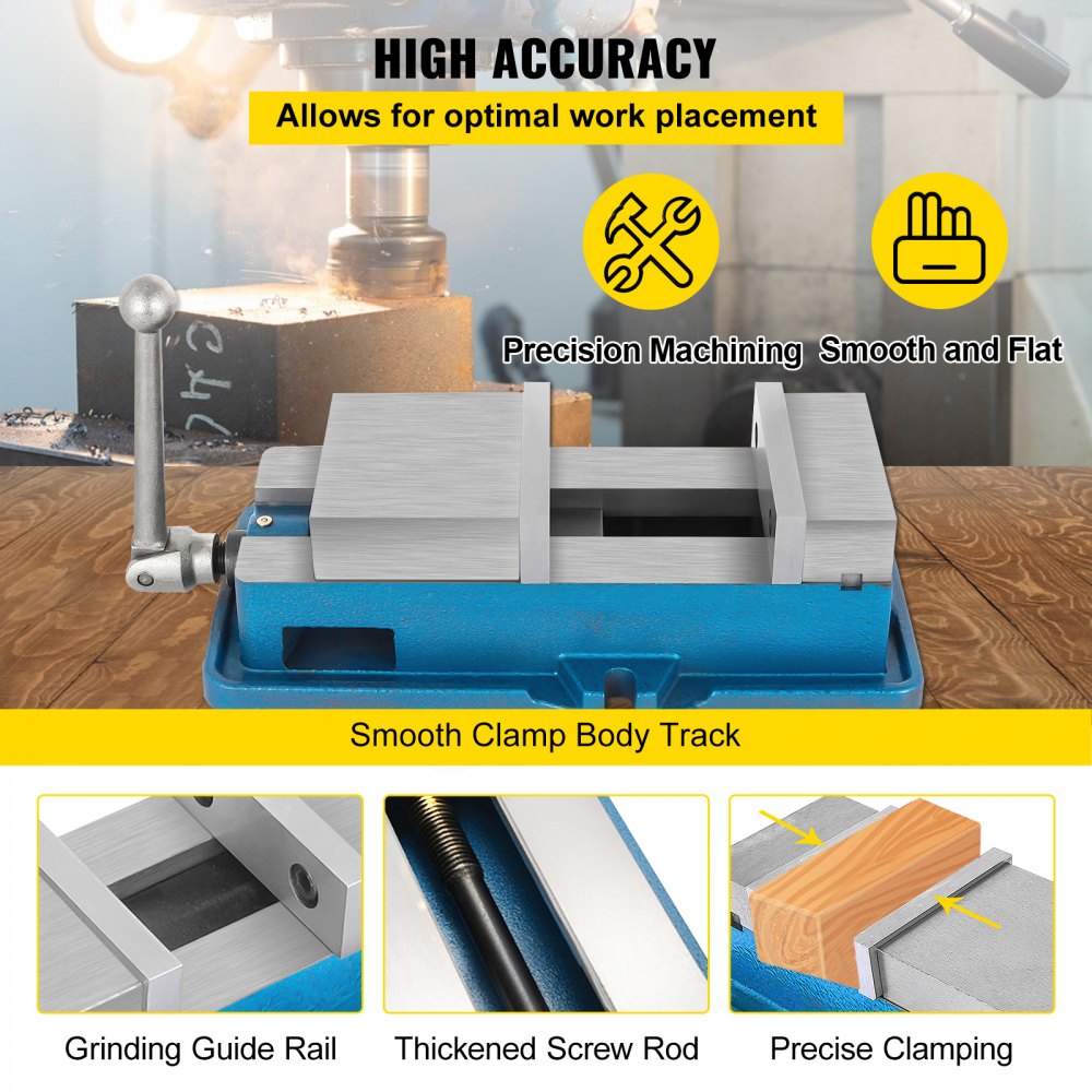 VEVOR cnc vise with smooth clamp body track, grinding guide rail, and precise clamping.