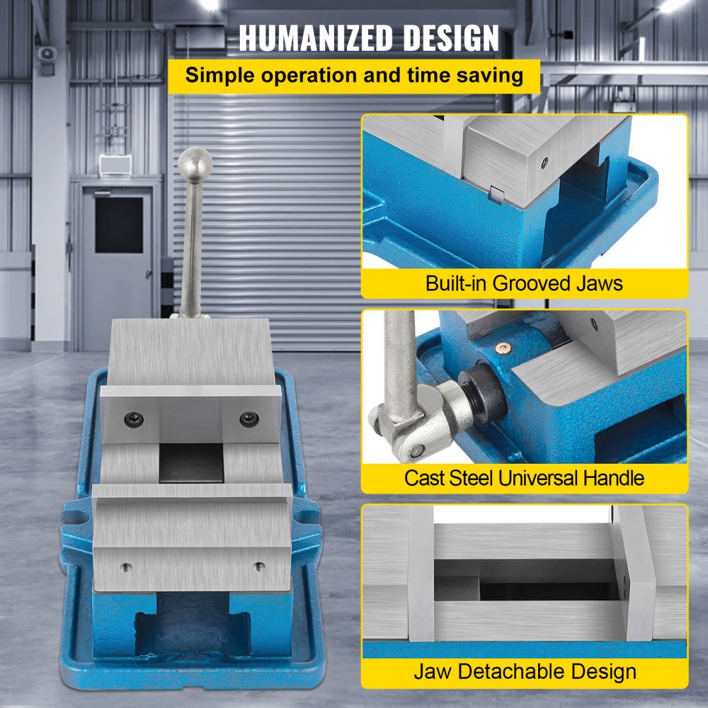 VEVOR cnc vise with built-in grooved jaws, cast steel handle, and detachable jaw design.