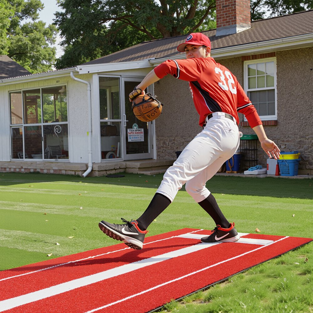 VEVOR Softball Pitching Mat, 305x92cm Baseball Pitching Rubber Mound, Antifade Turf and Antislip Foam Backing Portable Training Aid, Fastpitch Equipment for Pitchers Indoor Outdoor Practice, Red