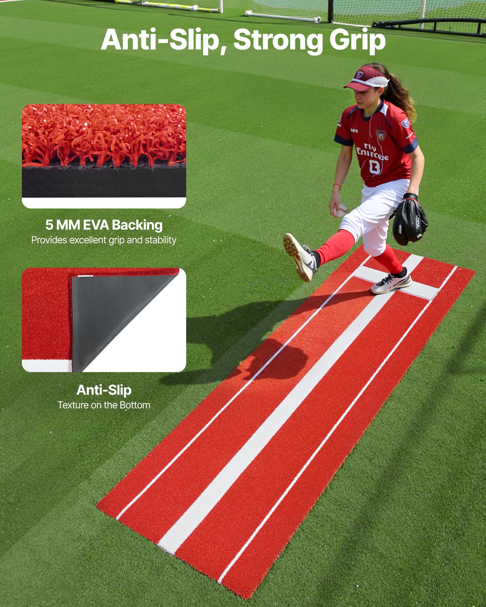 VEVOR Softball Pitching Mat, 305x92cm Baseball Pitching Rubber Mound, Antifade Turf and Antislip Foam Backing Portable Training Aid, Fastpitch Equipment for Pitchers Indoor Outdoor Practice, Red