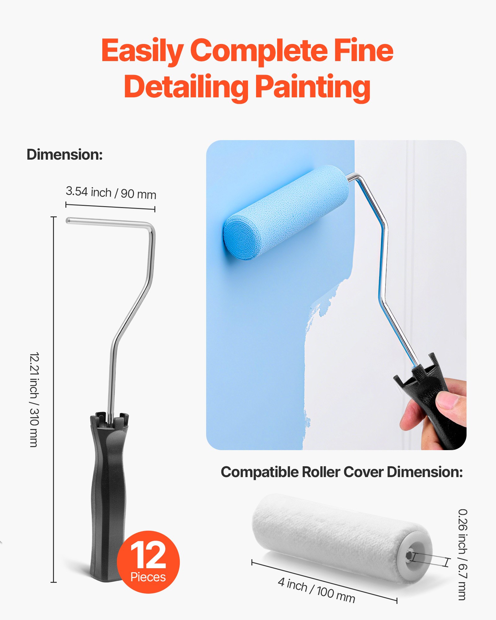 VEVOR 4 Inch Paint Roller Frame, Paint Handles Fits 4 in Mini Roller, Painting Supplies for Wall House Homes, Lightweight Mini Rollers Tools for Ceiling Small Areas Edges and Corners, 12 Pack, Black