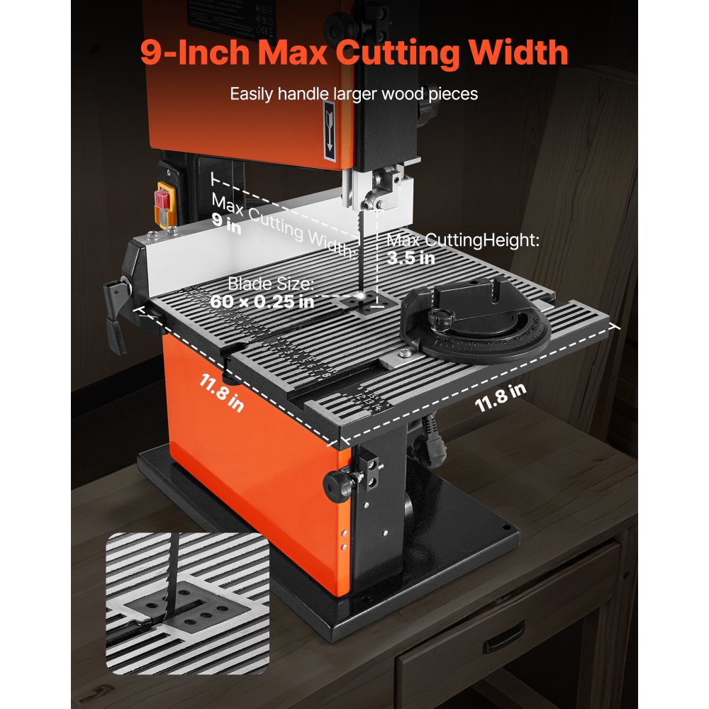 VEVOR Band Saw, 229 mm, Woodworking Benchtop Bandsaw with 373W 1/2 HP Motor, 90 mm Max Cutting Height, 300 x 300 mm Cast Aluminum Table, 0-45° Tilting Range, with Miter Gauge, Fence, for Woodworking