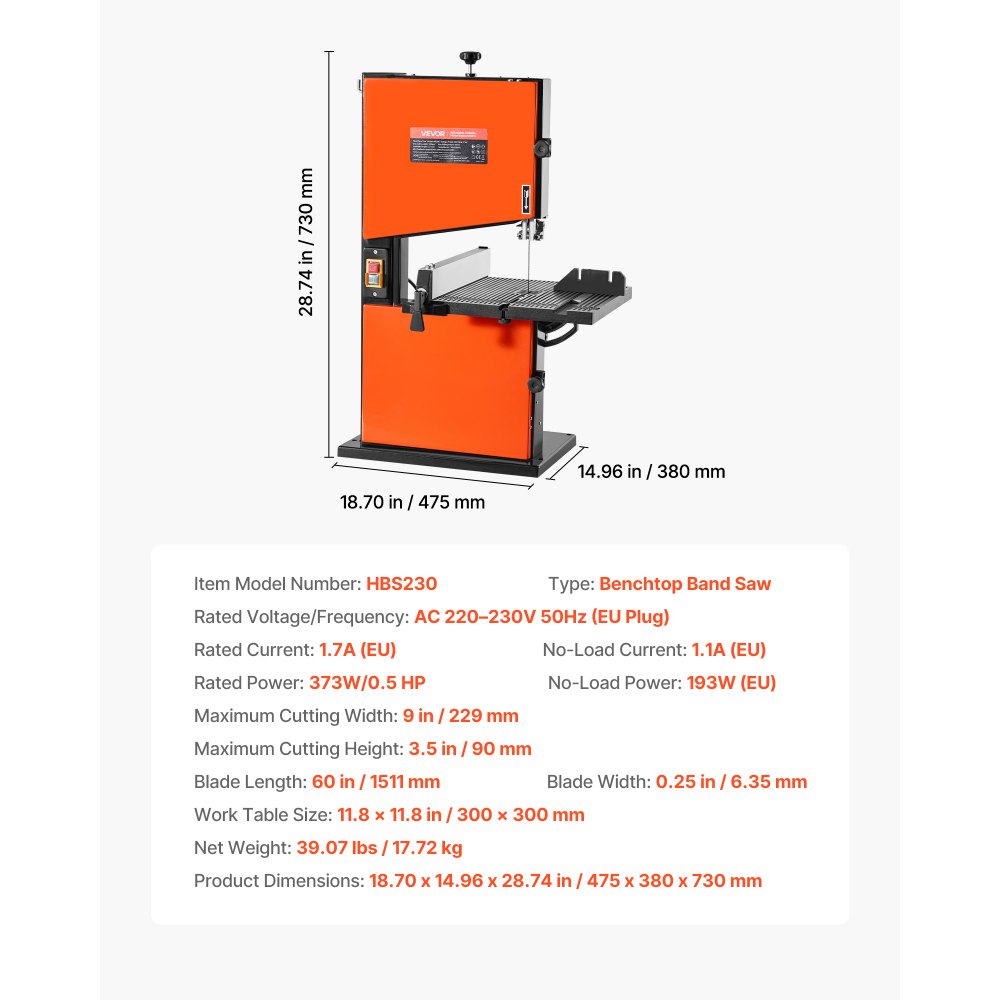 VEVOR Band Saw, 229 mm, Woodworking Benchtop Bandsaw with 373W 1/2 HP Motor, 90 mm Max Cutting Height, 300 x 300 mm Cast Aluminum Table, 0-45° Tilting Range, with Miter Gauge, Fence, for Woodworking