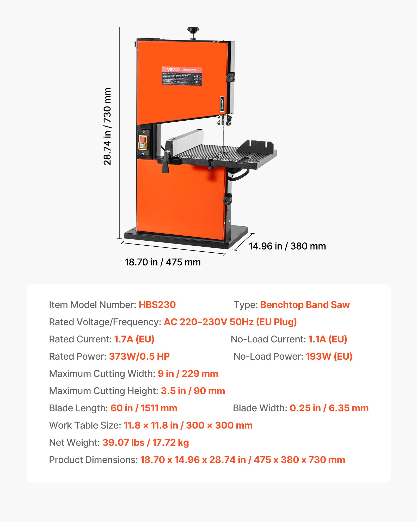 VEVOR Band Saw, 229 mm, Woodworking Benchtop Bandsaw with 373W 1/2 HP Motor, 90 mm Max Cutting Height, 300 x 300 mm Cast Aluminum Table, 0-45° Tilting Range, with Miter Gauge, Fence, for Woodworking