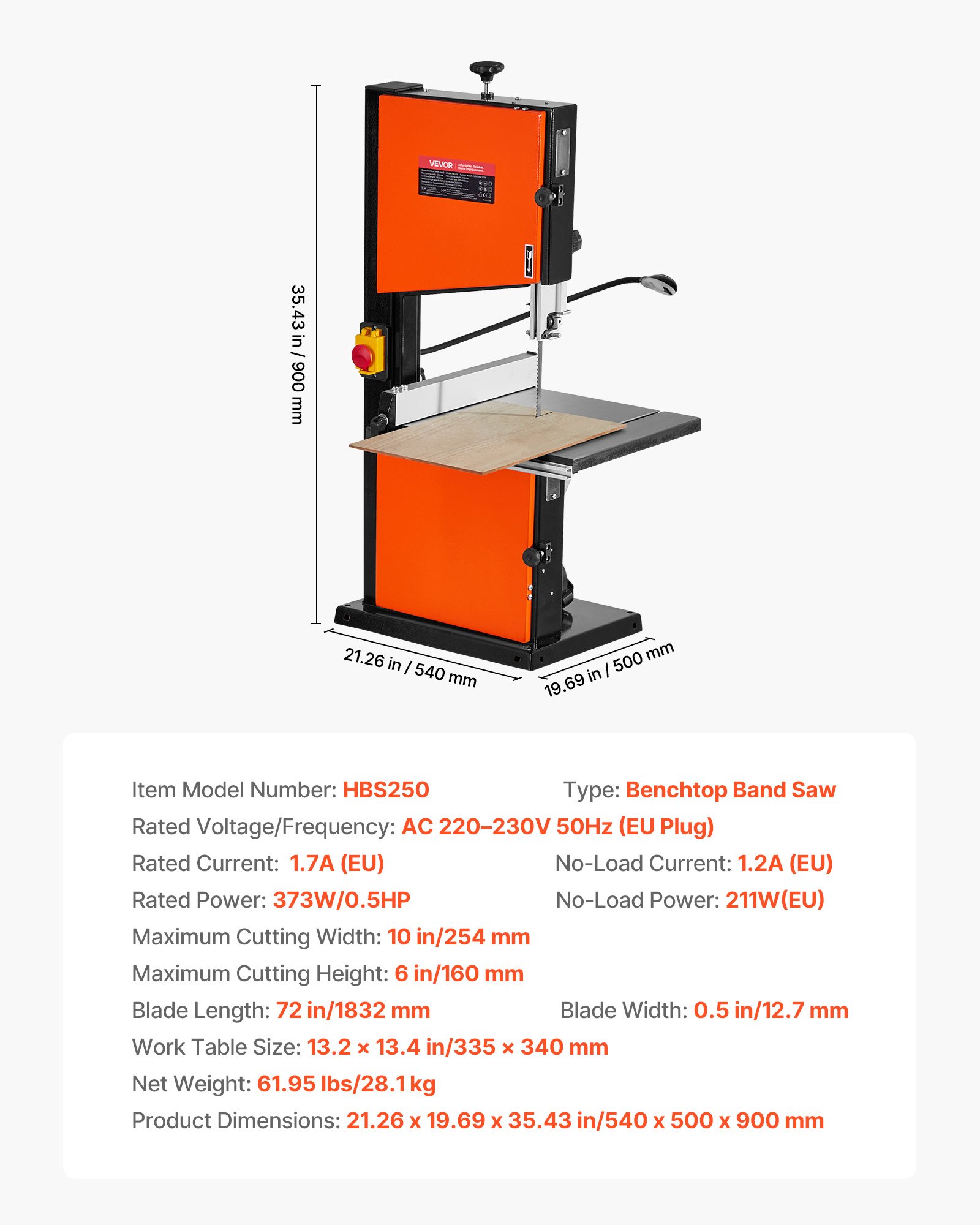 VEVOR Band Saw, 254 mm, Two-Speed Benchtop Bandsaw with 373W 1/2 HP Motor, 160 mm Max Cutting Height, 335 x 340 mm Cast Iron Table, with 360° Work Light, Miter Gauge, Fence, Band Saw for Woodworking