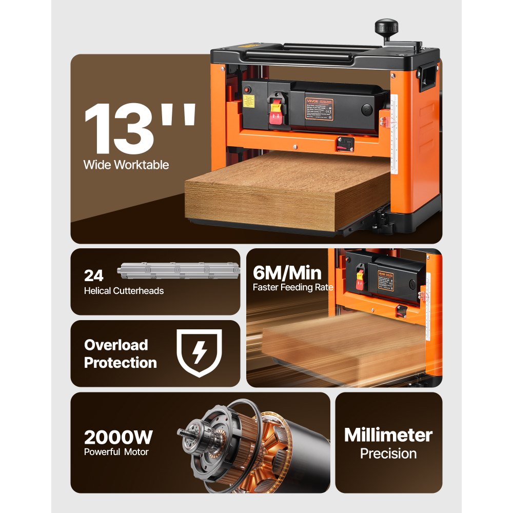 VEVOR Thickness Planer, 330 mm Width Worktable, Woodworking Power Benchtop Planer, Spiral-Style Cutterhead with 24 Inserts, 2000W 23500 RPM Powerful Motor, Single Speed, for Hard & Soft Wood Material