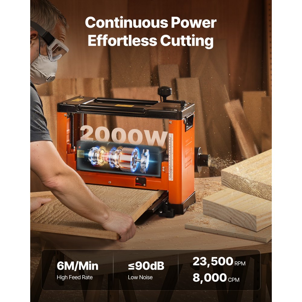 VEVOR Thickness Planer, 330 mm Width Worktable, Woodworking Power Benchtop Planer, Spiral-Style Cutterhead with 24 Inserts, 2000W 23500 RPM Powerful Motor, Single Speed, for Hard & Soft Wood Material