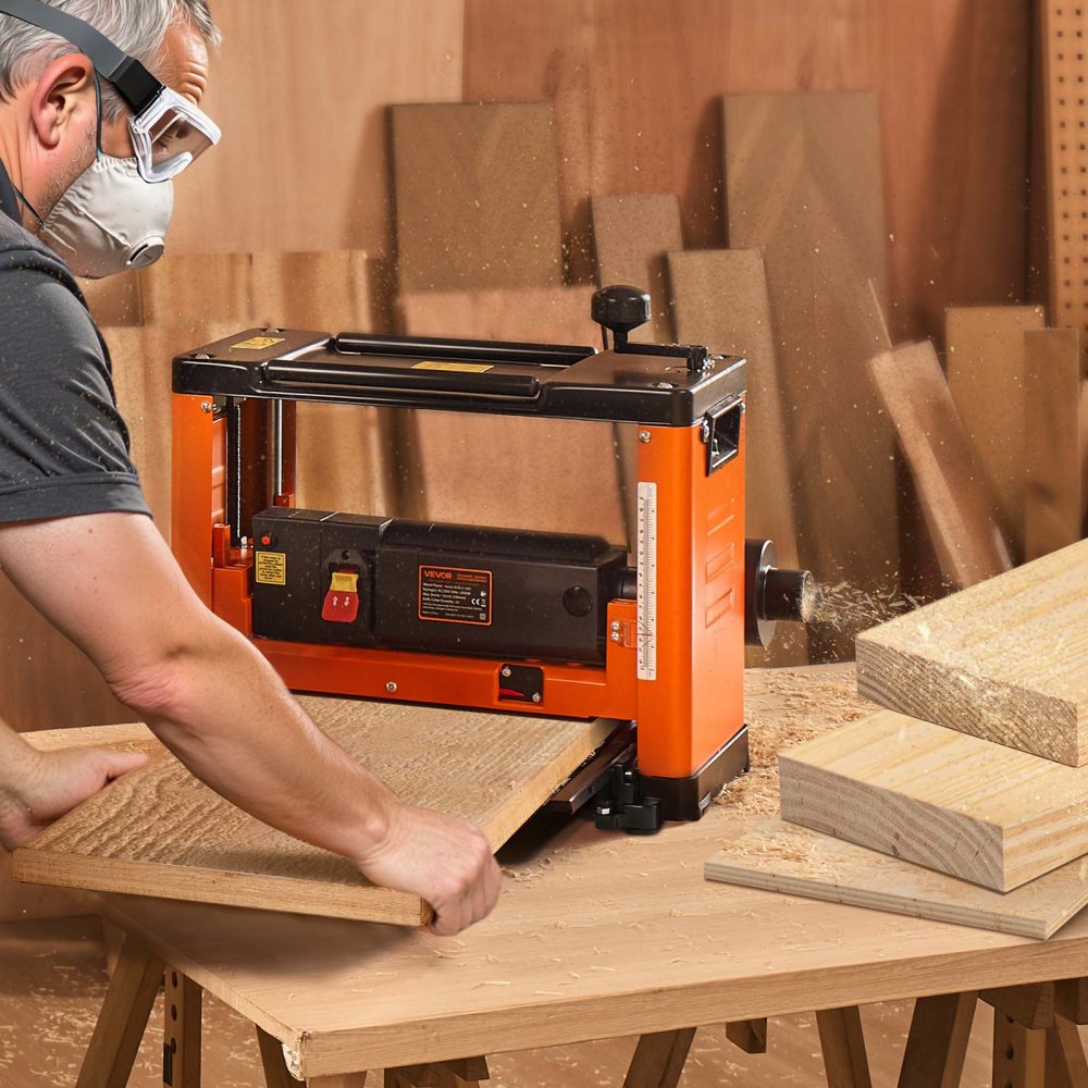 VEVOR Thickness Planer, 330 mm Width Worktable, Woodworking Power Benchtop Planer, Spiral-Style Cutterhead with 24 Inserts, 2000W 23500 RPM Powerful Motor, Single Speed, for Hard & Soft Wood Material