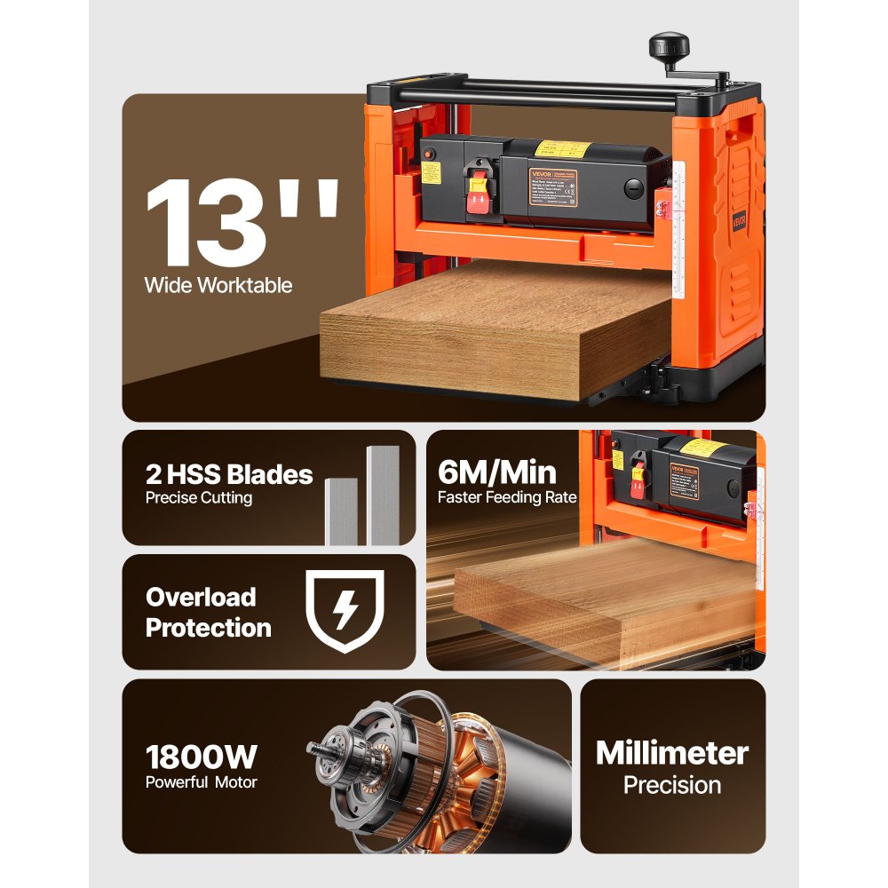 VEVOR Thickness Planer, Two-Blade, 330 mm Width Worktable Power Benchtop Planer, 1800W 23500 RPM Powerful Motor, Dual Rollers, Over Protection, Single Speed Woodworking, for Hard & Soft Wood Material