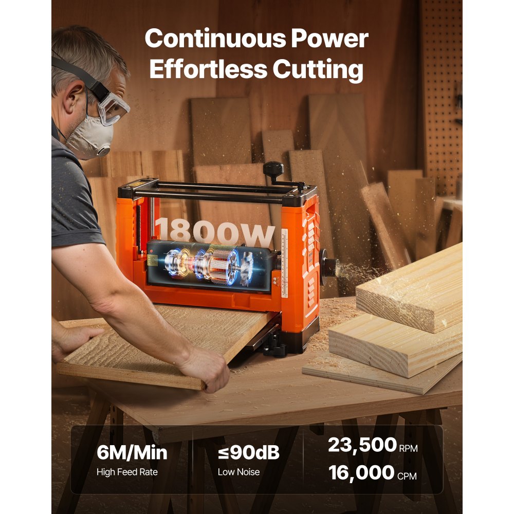 VEVOR Thickness Planer, Two-Blade, 330 mm Width Worktable Power Benchtop Planer, 1800W 23500 RPM Powerful Motor, Dual Rollers, Over Protection, Single Speed Woodworking, for Hard & Soft Wood Material