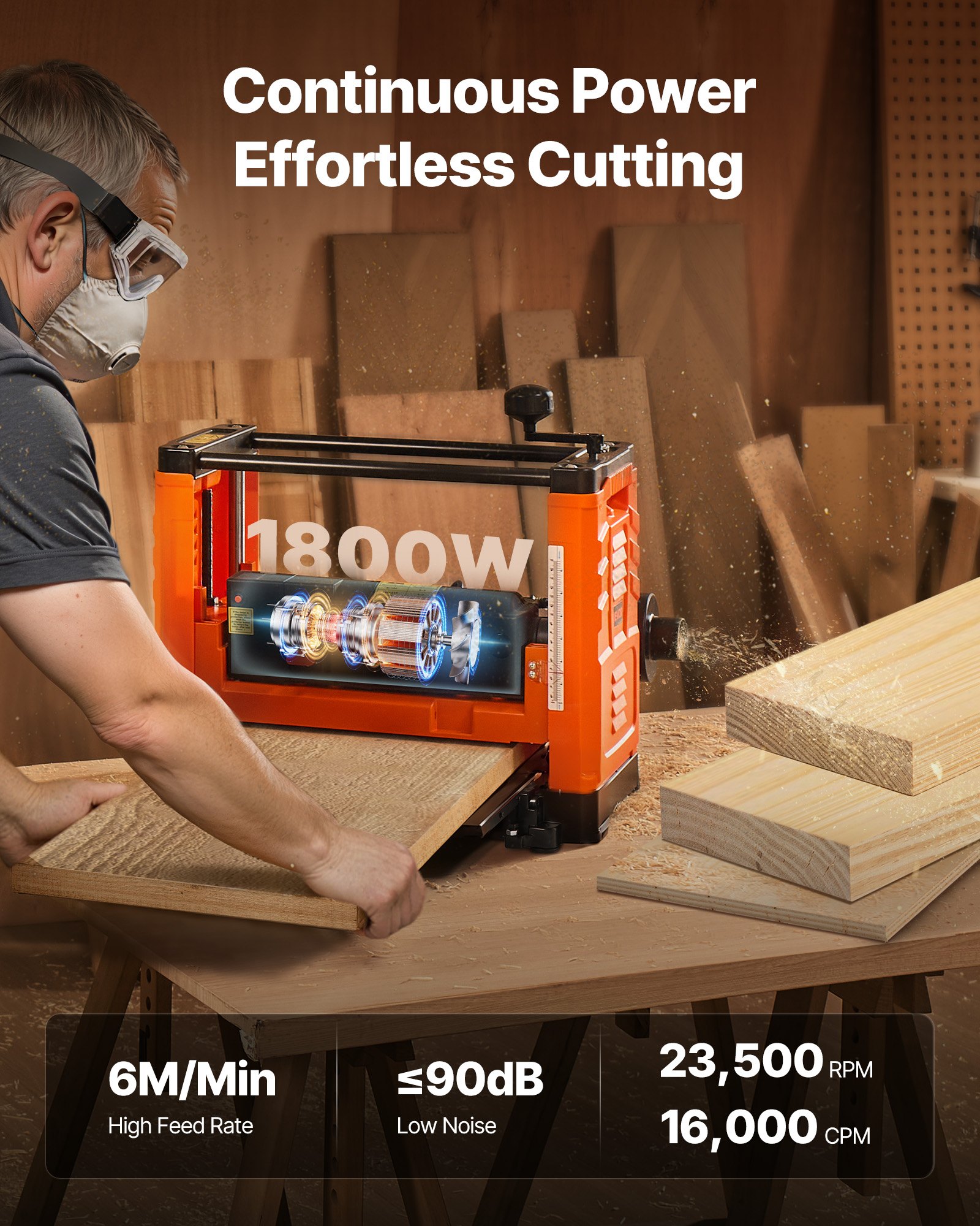 VEVOR Thickness Planer, Two-Blade, 330 mm Width Worktable Power Benchtop Planer, 1800W 23500 RPM Powerful Motor, Dual Rollers, Over Protection, Single Speed Woodworking, for Hard & Soft Wood Material