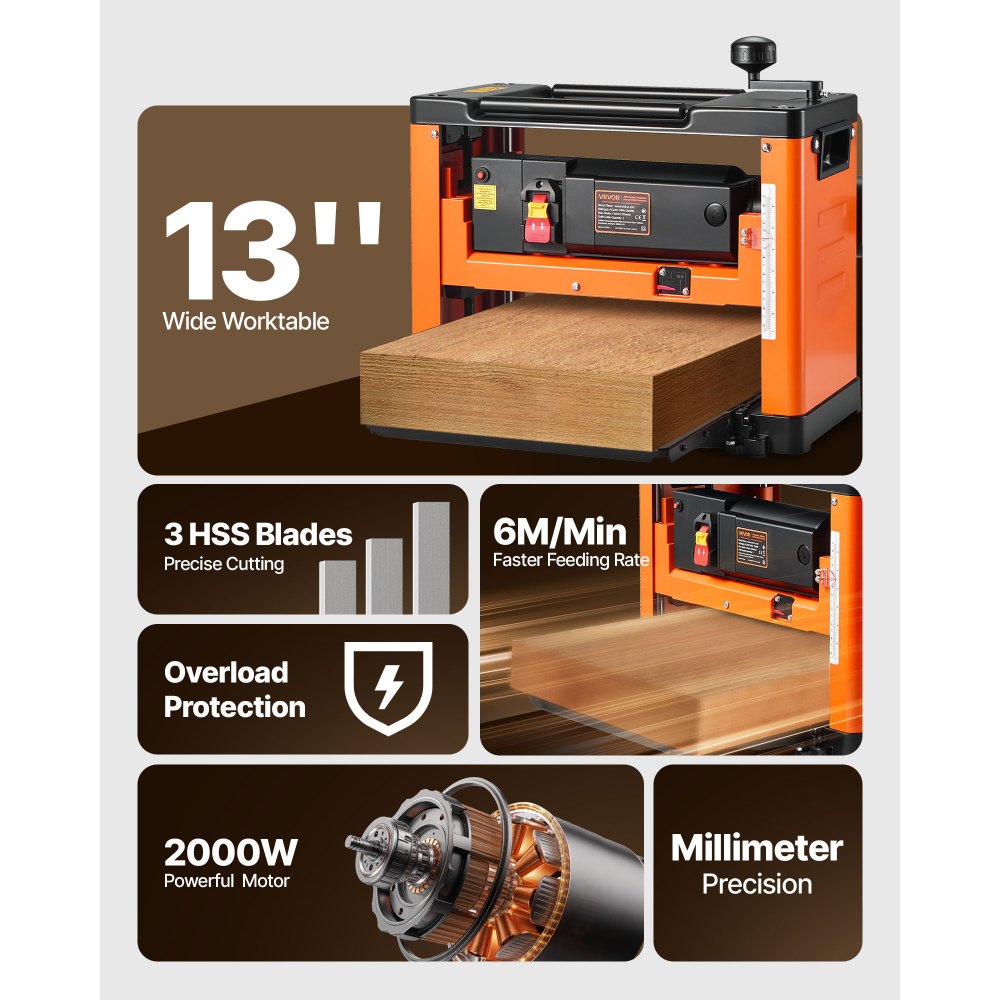 VEVOR Thickness Planer, Three-Blade, 13-Inch Width Worktable Power Benchtop Planer, 2000W 23500 RPM Powerful Motor, Dual Rollers, Over Protection, Single Speed Woodworking, for Hard Soft Wood Material
