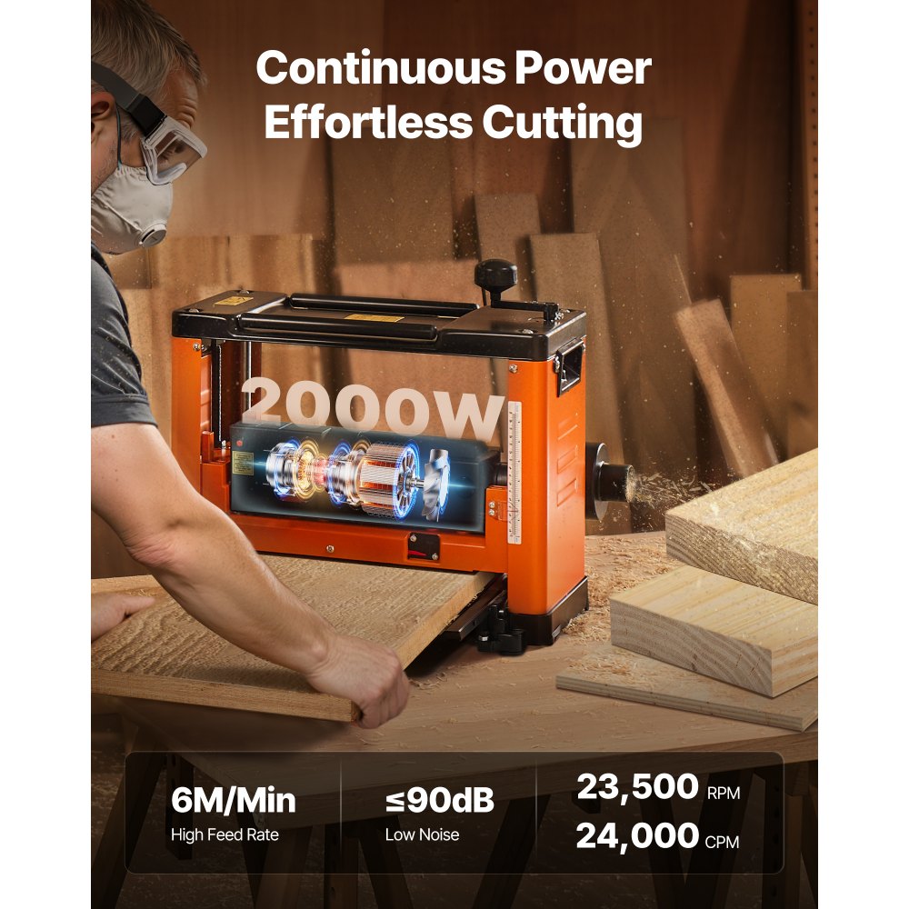 VEVOR Thickness Planer, Three-Blade, 13-Inch Width Worktable Power Benchtop Planer, 2000W 23500 RPM Powerful Motor, Dual Rollers, Over Protection, Single Speed Woodworking, for Hard Soft Wood Material