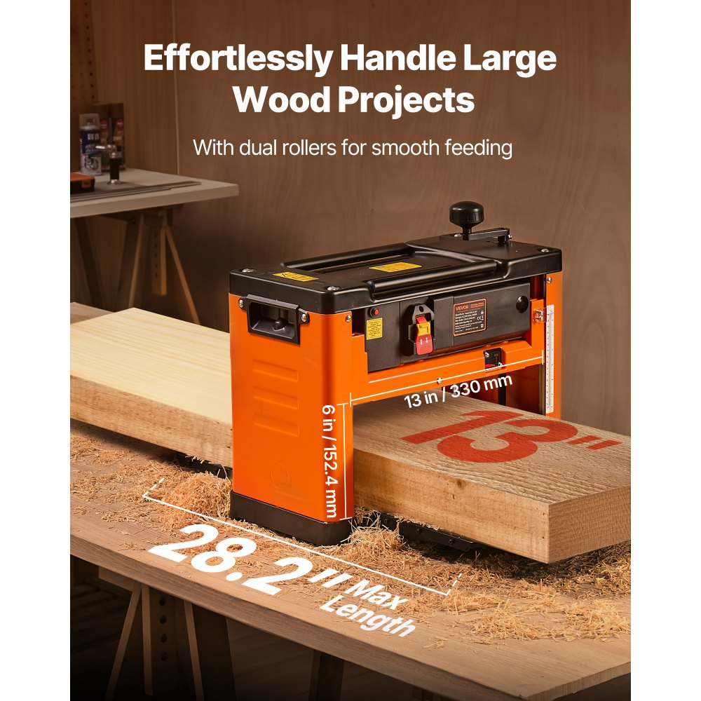 VEVOR Thickness Planer, Three-Blade, 13-Inch Width Worktable Power Benchtop Planer, 2000W 23500 RPM Powerful Motor, Dual Rollers, Over Protection, Single Speed Woodworking, for Hard Soft Wood Material