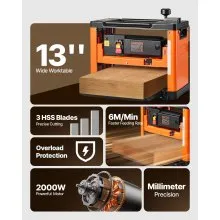 VEVOR Thickness Planer Three-Blade Power Benchtop Planer Woodworking 2000W 13 in