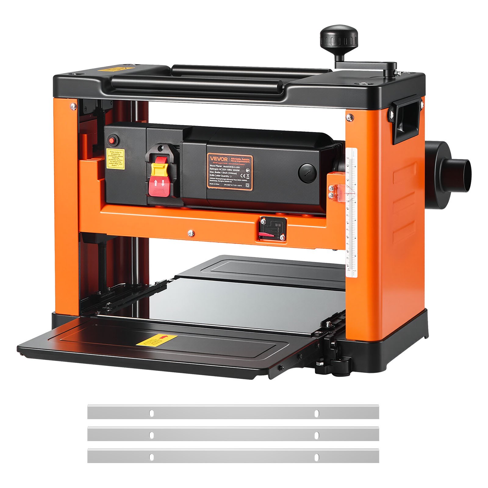 VEVOR Thickness Planer, Three-Blade, 13-Inch Width Worktable Power Benchtop Planer, 2000W 23500 RPM Powerful Motor, Dual Rollers, Over Protection, Single Speed Woodworking, for Hard Soft Wood Material