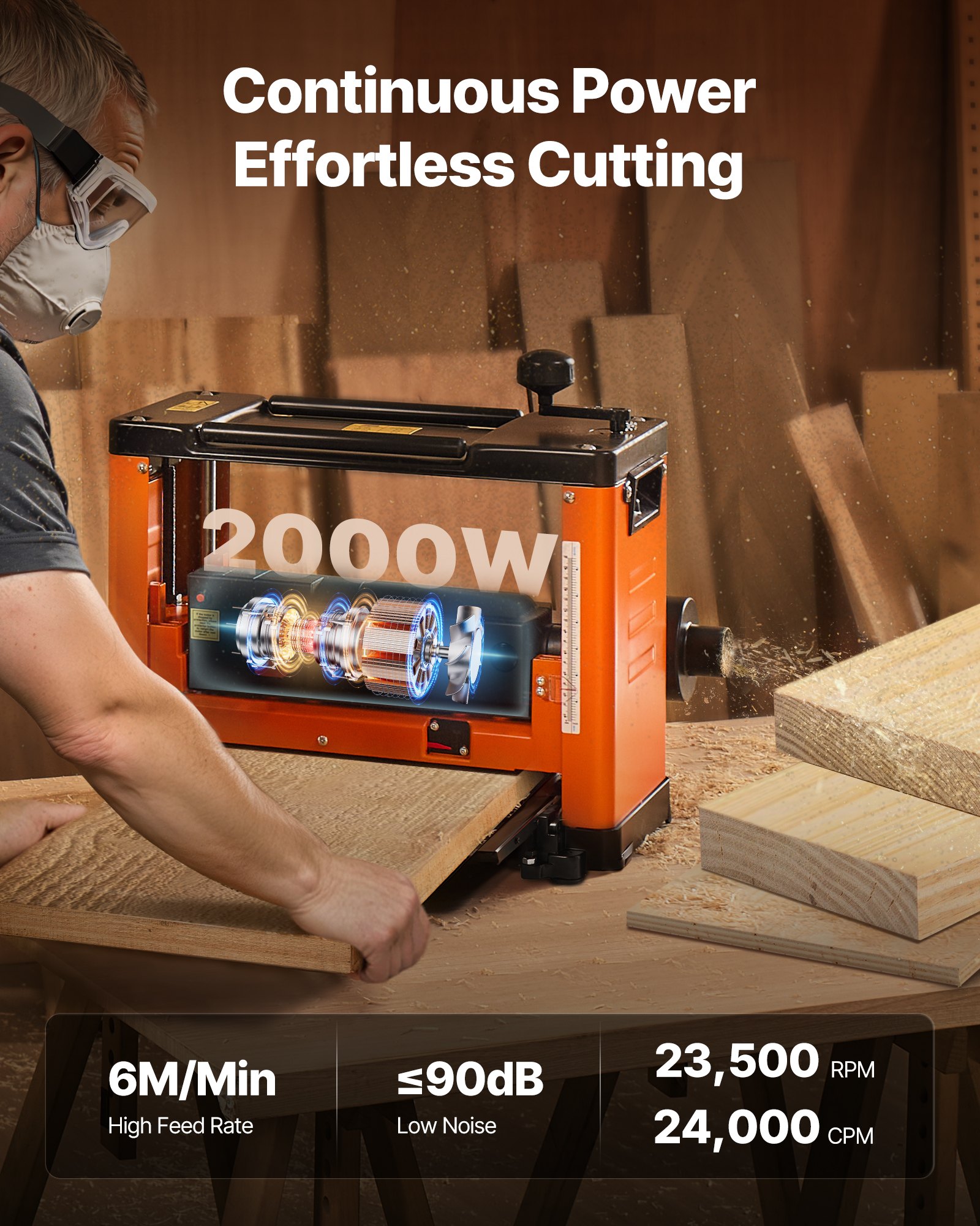 VEVOR Thickness Planer, Three-Blade, 330 mm Width Worktable Power Benchtop Planer, 2000W 23500 RPM Powerful Motor, Dual Rollers, Over Protection, Single Speed Woodworking, for Hard Soft Wood Material