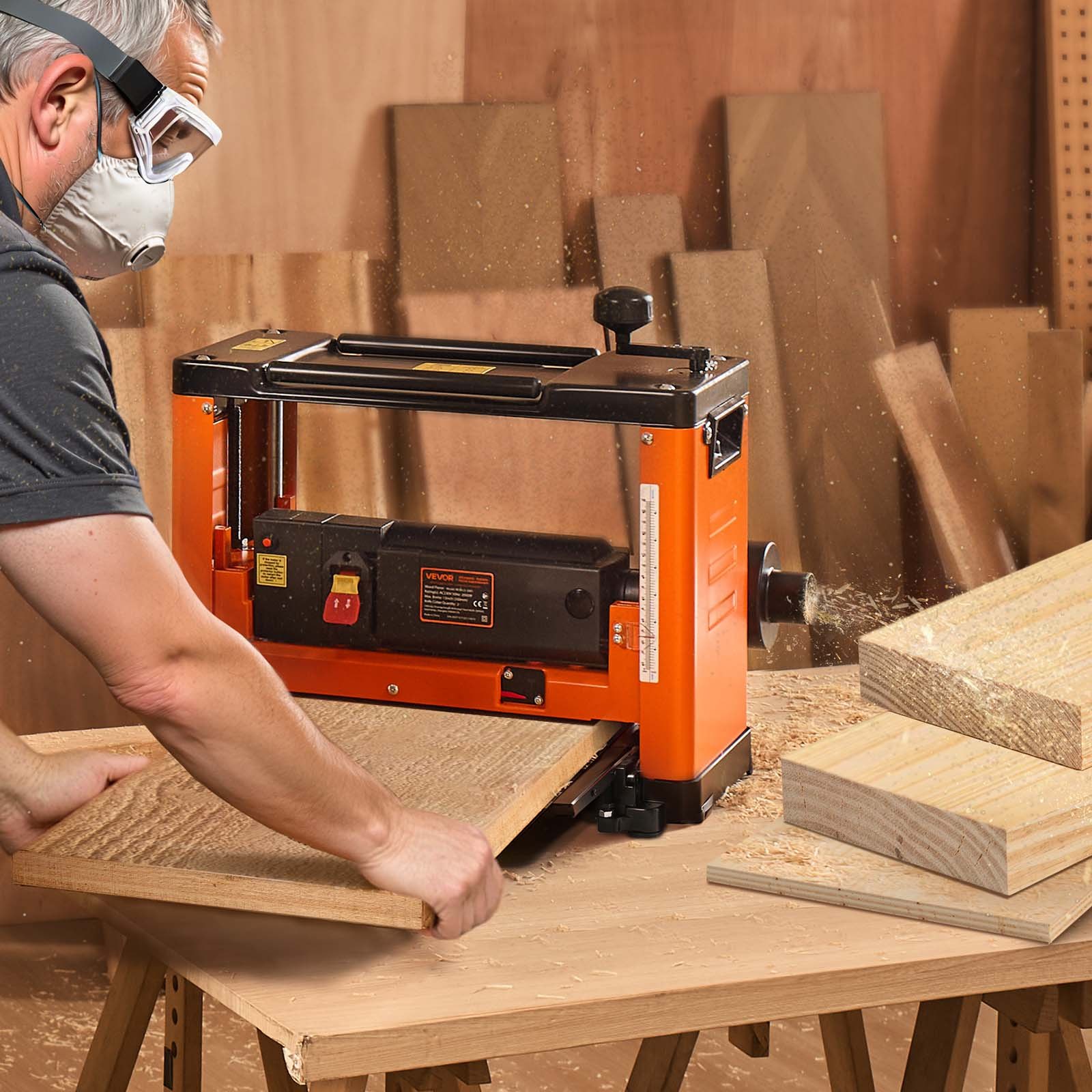 VEVOR Thickness Planer, Three-Blade, 330 mm Width Worktable Power Benchtop Planer, 2000W 23500 RPM Powerful Motor, Dual Rollers, Over Protection, Single Speed Woodworking, for Hard Soft Wood Material