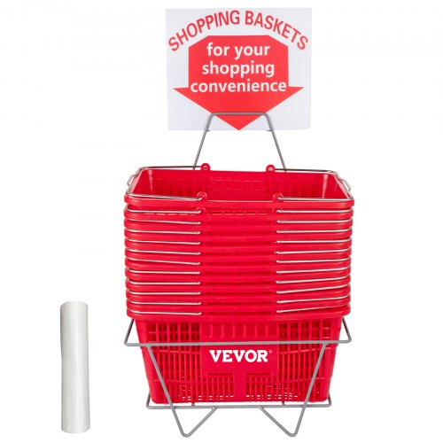 VEVOR Shopping Basket, 16.9 x 11.8 x 8.07 in/42.8 x 30 x 22 cm((L x W x H), Cast-Iron Handle and Stand, Set of 12 Store Baskets with Durable PE Material Used for Supermarket, Retail, Bookstore, Red