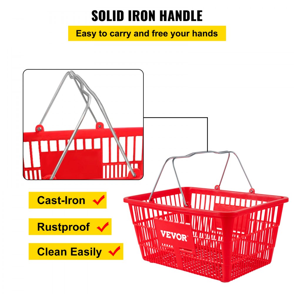 VEVOR Shopping Baskets, 12-Pack, Red, Sturdy Polyethylene with Handles and Stand, Size: 16.9"L x 11.8"W x 8.07"H, Suitable for Stores & Groceries - Capacity: 21 L/5.6 Gal