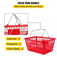 VEVOR Shopping Basket, Set of 12 Red, Durable PE Material with Handle and Stand, Basket Dimension 16.9"L x 11.8"W x 8.07"H and Used for Supermarket, Retail, Grocery-Holds 21 L/5.6 Gal of Merchandise