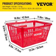 VEVOR Shopping Basket, Set of 12 Red, Durable PE Material with Handle and Stand, Basket Dimension 16.9"L x 11.8"W x 8.07"H and Used for Supermarket, Retail, Grocery-Holds 21 L/5.6 Gal of Merchandise