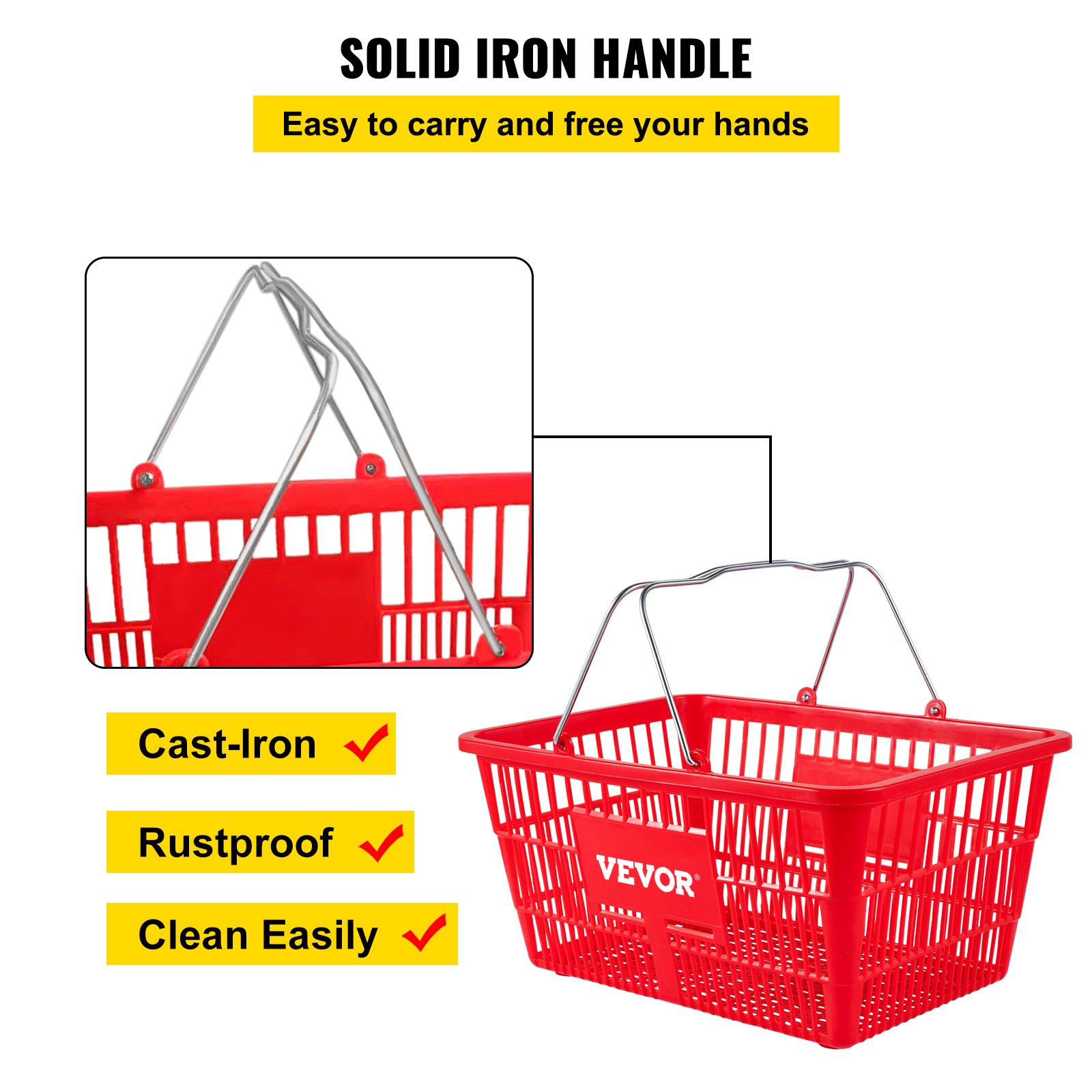 VEVOR Shopping Baskets, 12-Pack, Red, Sturdy Polyethylene with Handles and Stand, Size: 16.9"L x 11.8"W x 8.07"H, Suitable for Stores & Groceries - Capacity: 21 L/5.6 Gal