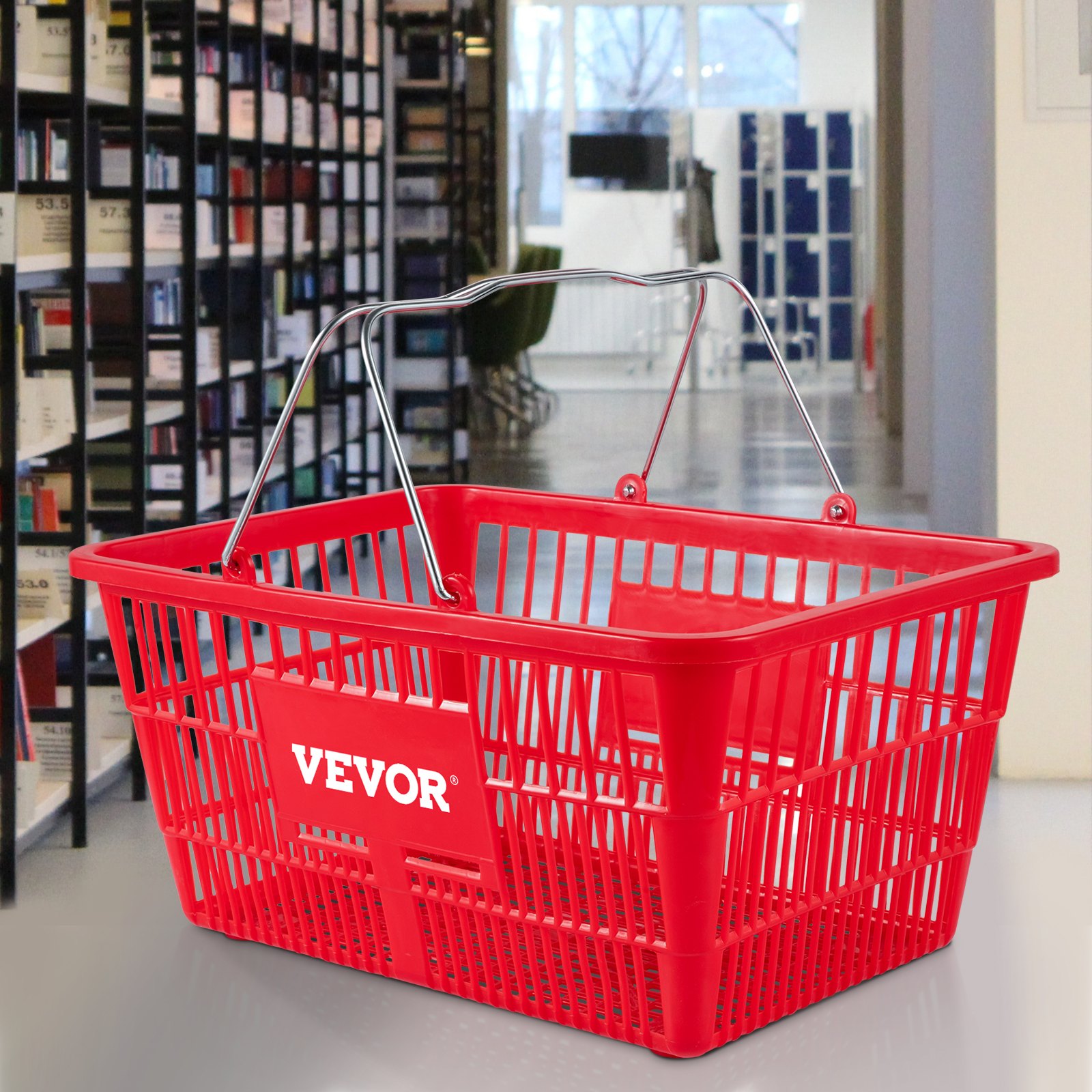 VEVOR Shopping Baskets, 12-Pack, Red, Sturdy Polyethylene with Handles and Stand, Size: 16.9"L x 11.8"W x 8.07"H, Suitable for Stores & Groceries - Capacity: 21 L/5.6 Gal