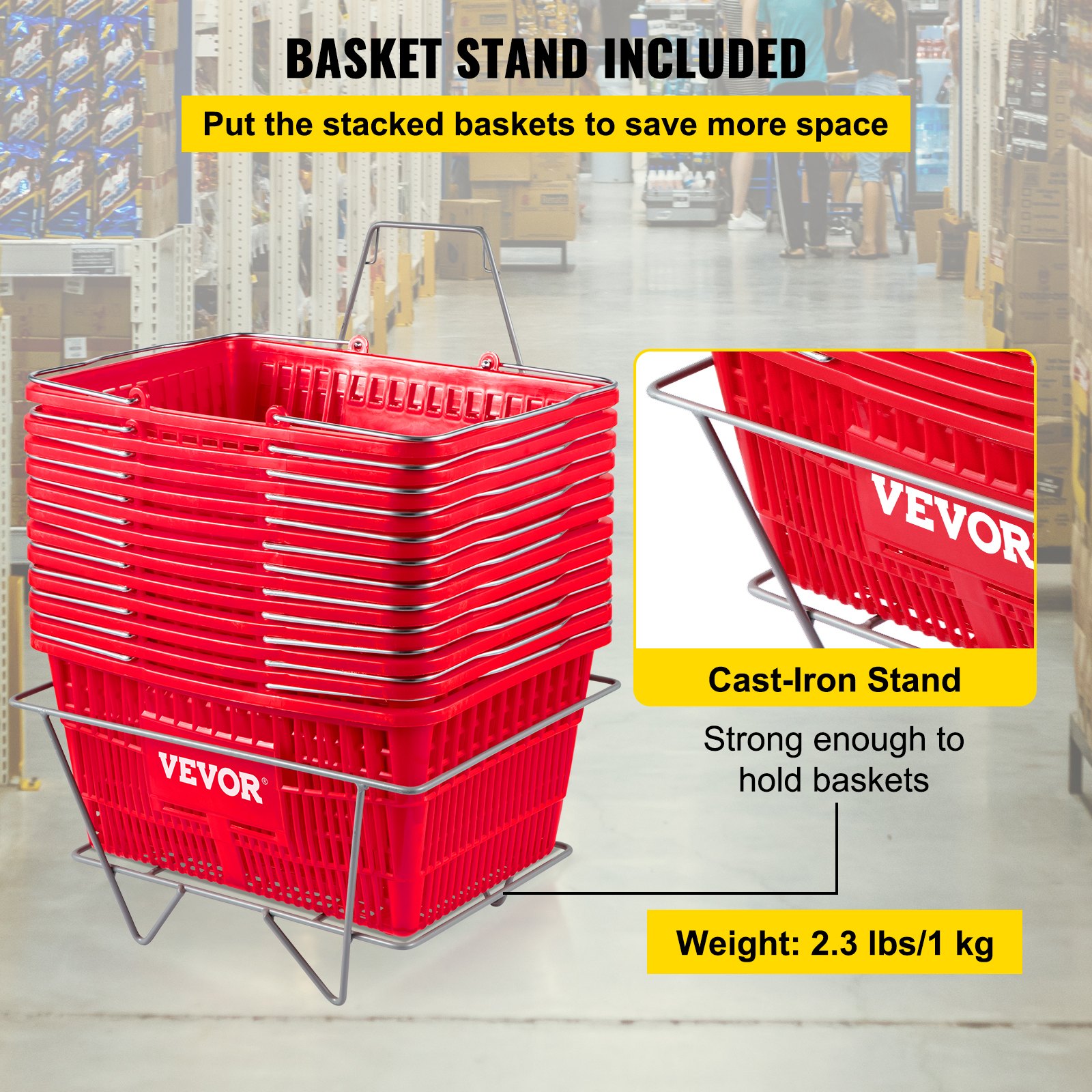 VEVOR Shopping Basket, Set of 12 Red, Durable PE Material with Handle and Stand, Basket Dimension 42 cm L x 30 cm W x 20.5 cm H and Used for Supermarket, Retail, Grocery-Holds 21 L of Merchandis